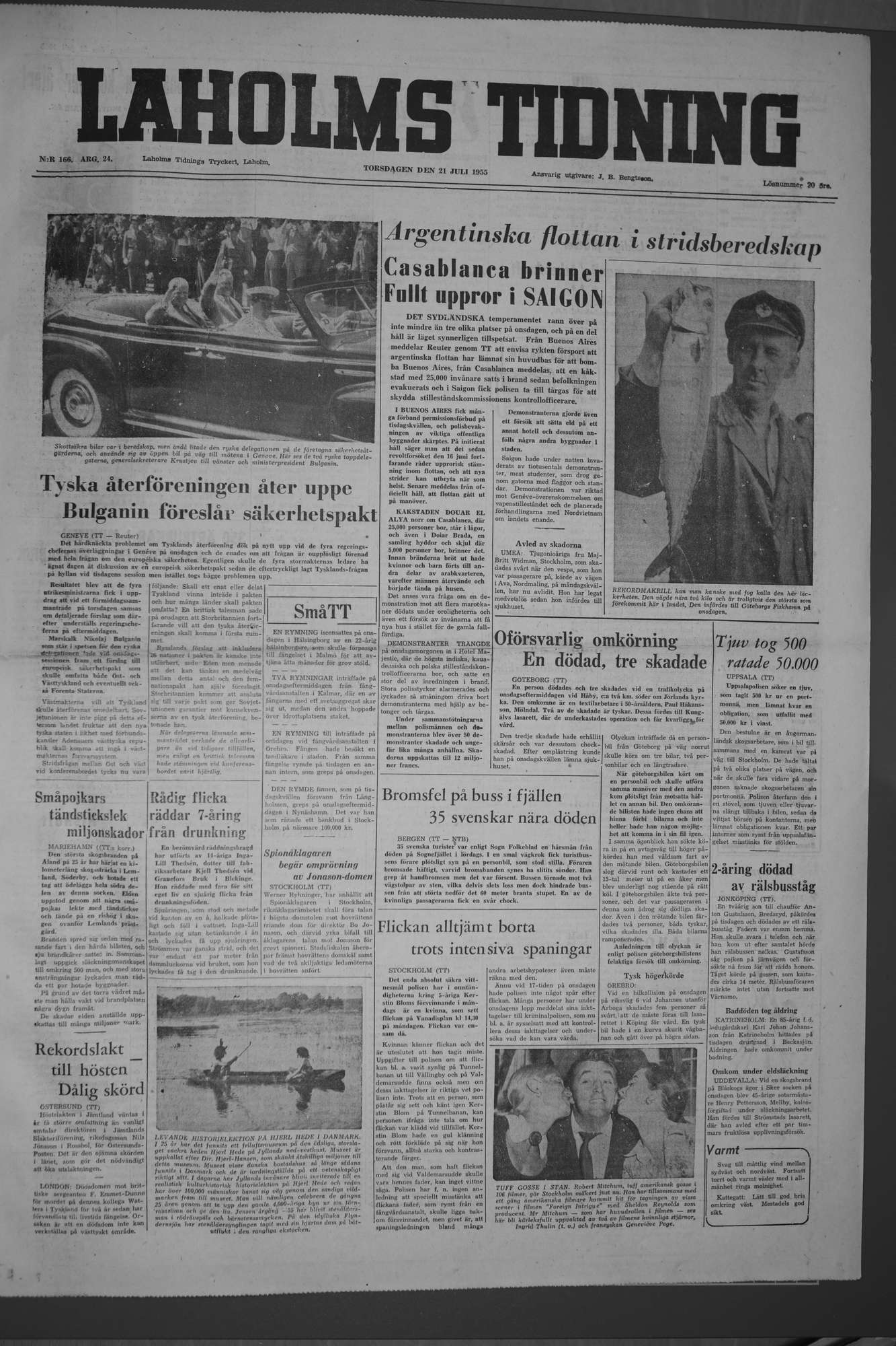 Laholms Tidning Torsdag 21 juli 1955, sida 1