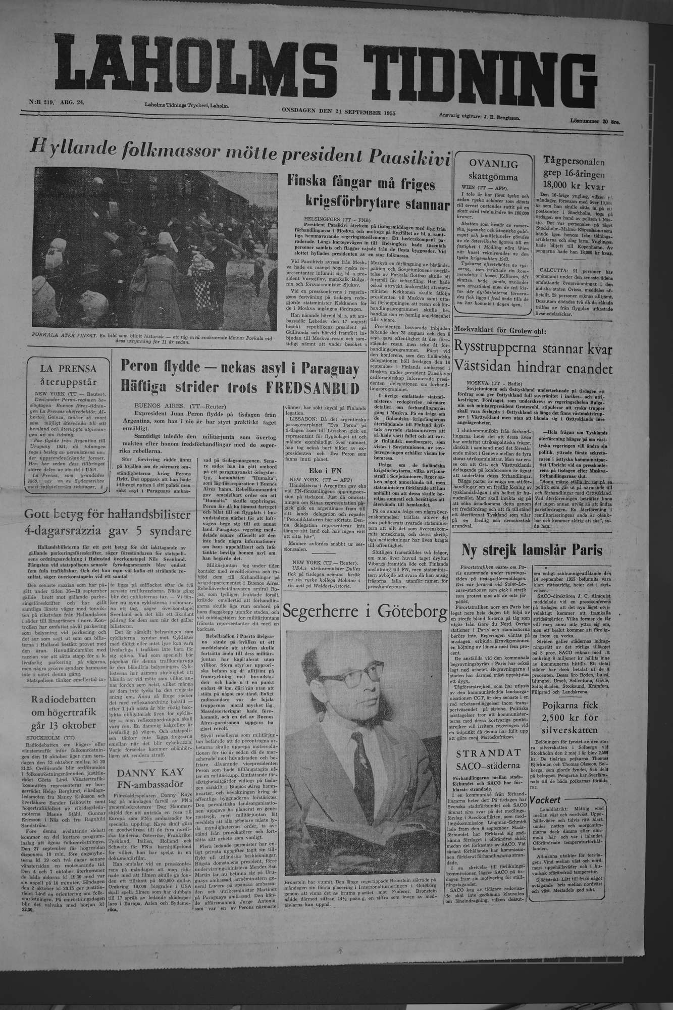 Laholms Tidning Onsdag 21 september 1955, sida 1