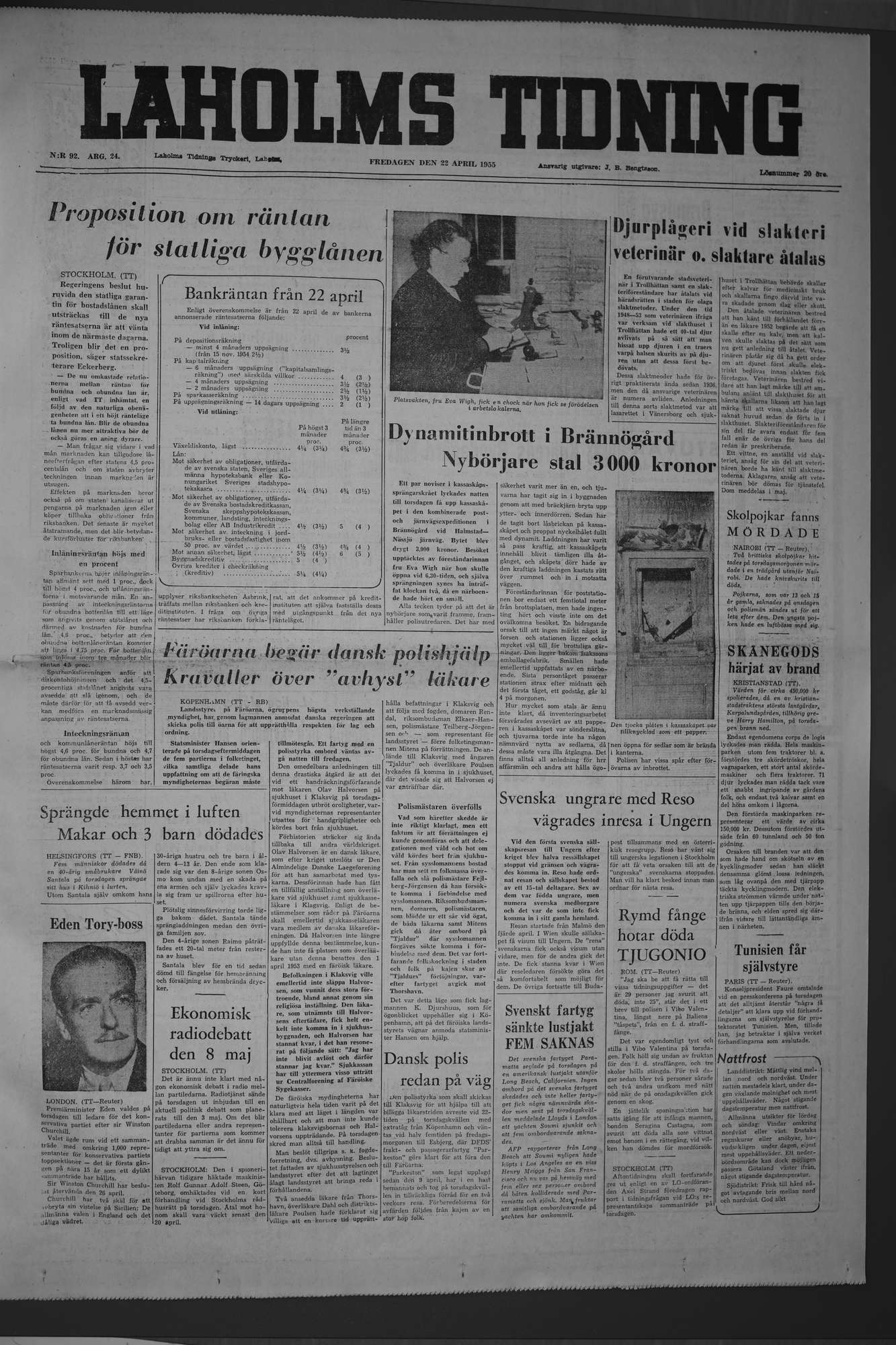 Laholms Tidning Fredag 22 april 1955, sida 1