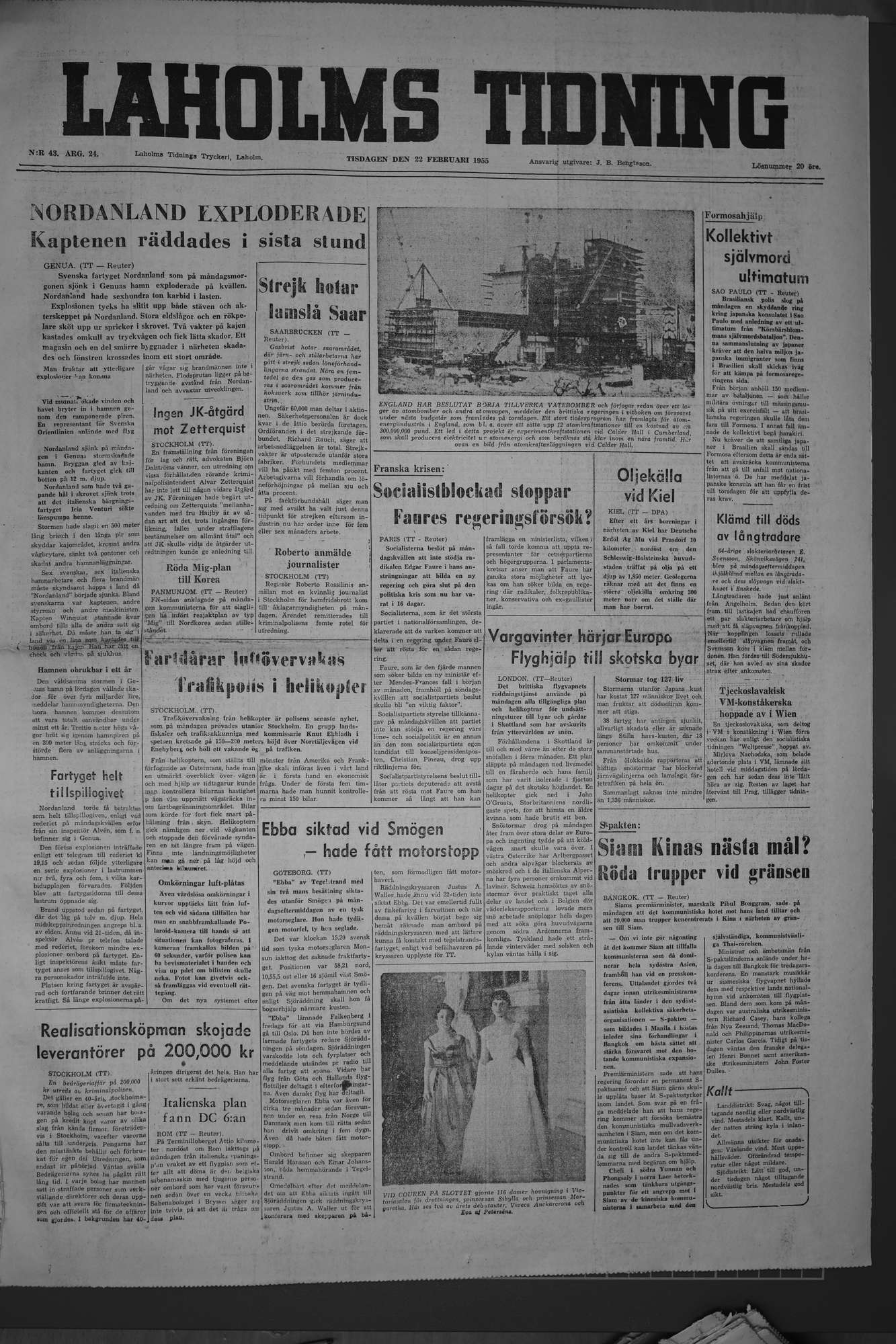 Laholms Tidning Tisdag 22 februari 1955, sida 1