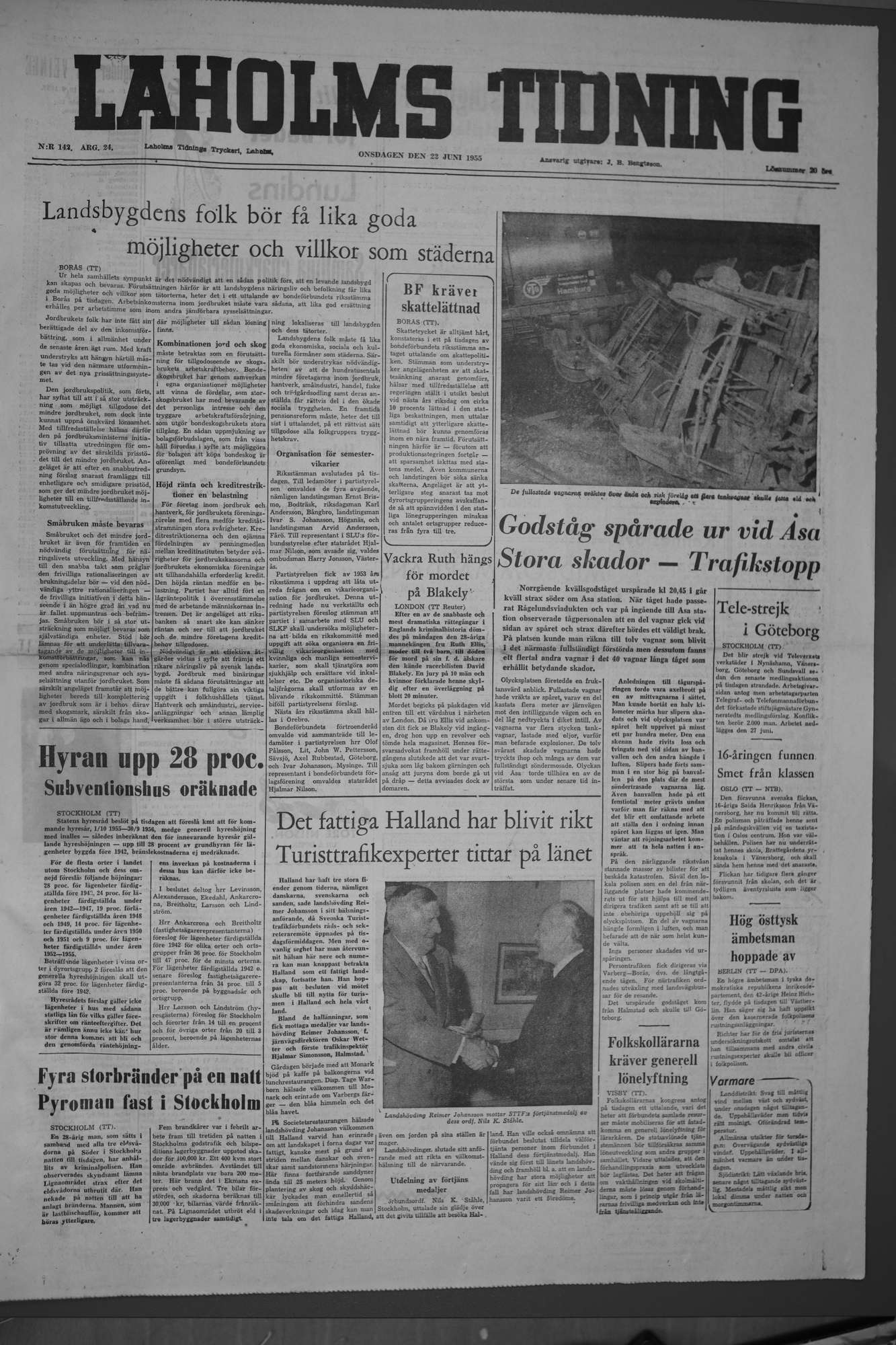 Laholms Tidning Onsdag 22 juni 1955, sida 1