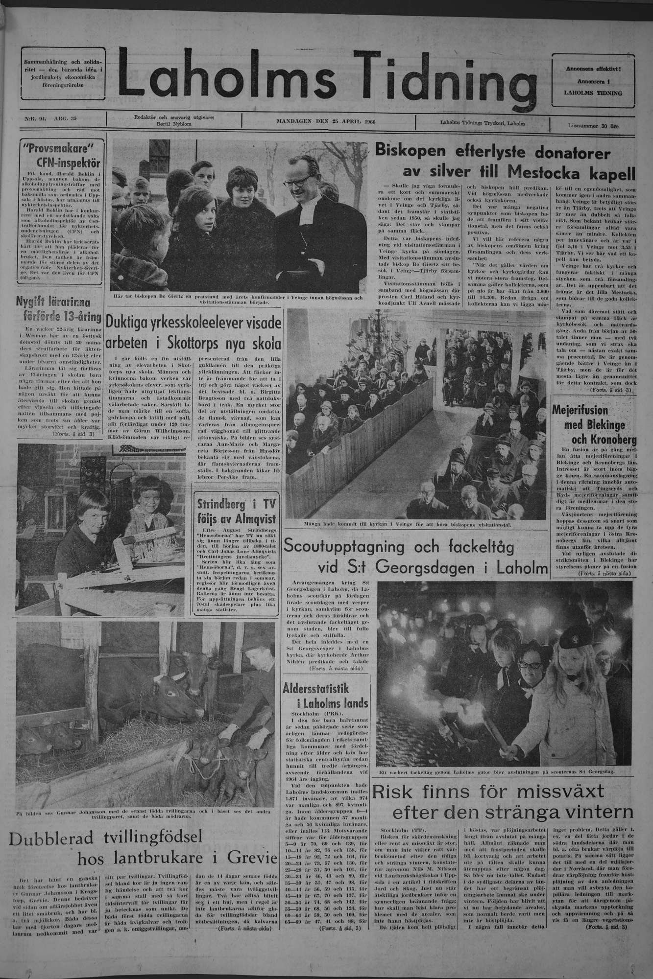 Laholms Tidning Måndag 25 april 1966, sida 1