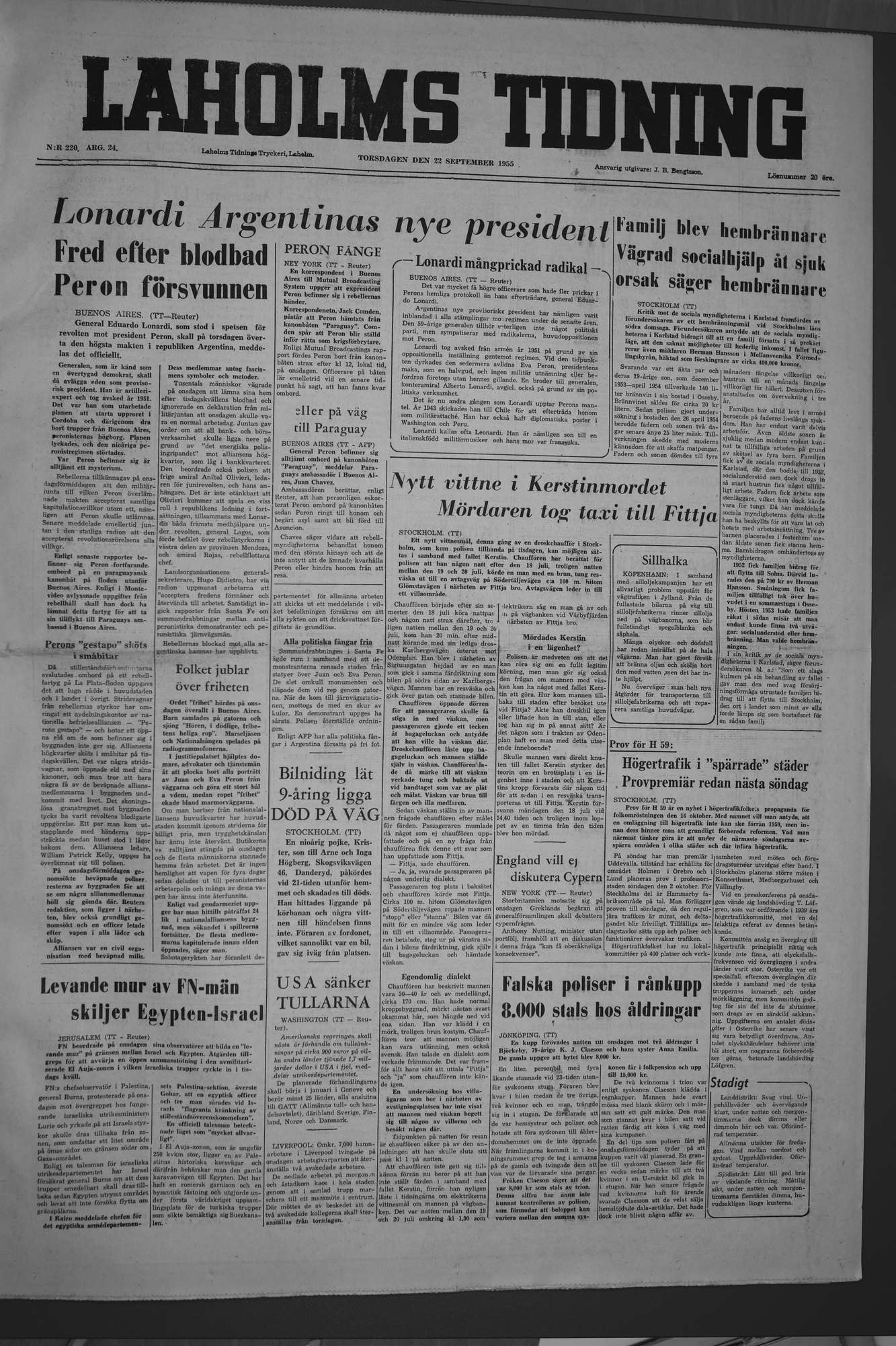 Laholms Tidning Torsdag 22 september 1955, sida 1