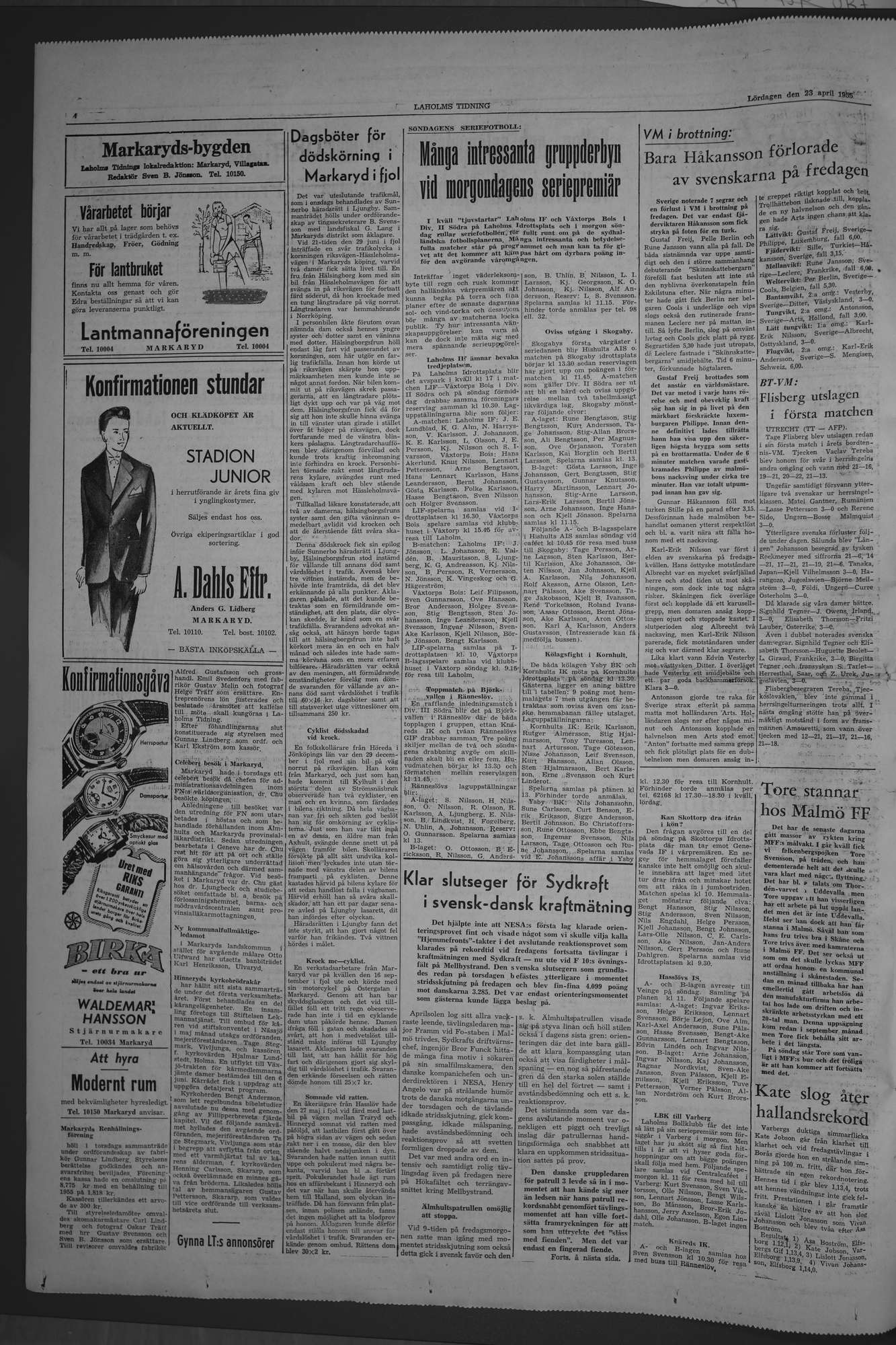 Laholms Tidning Lördag 23 april 1955, sida 4