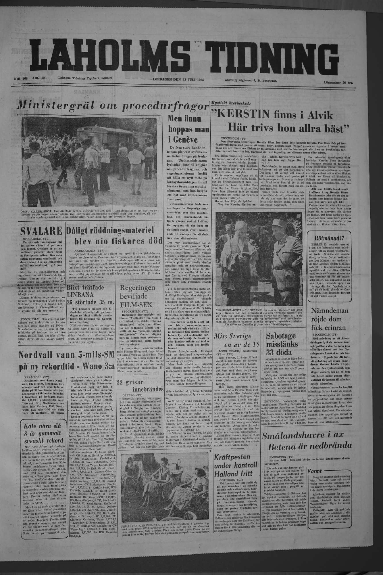 Laholms Tidning Lördag 23 juli 1955, sida 1