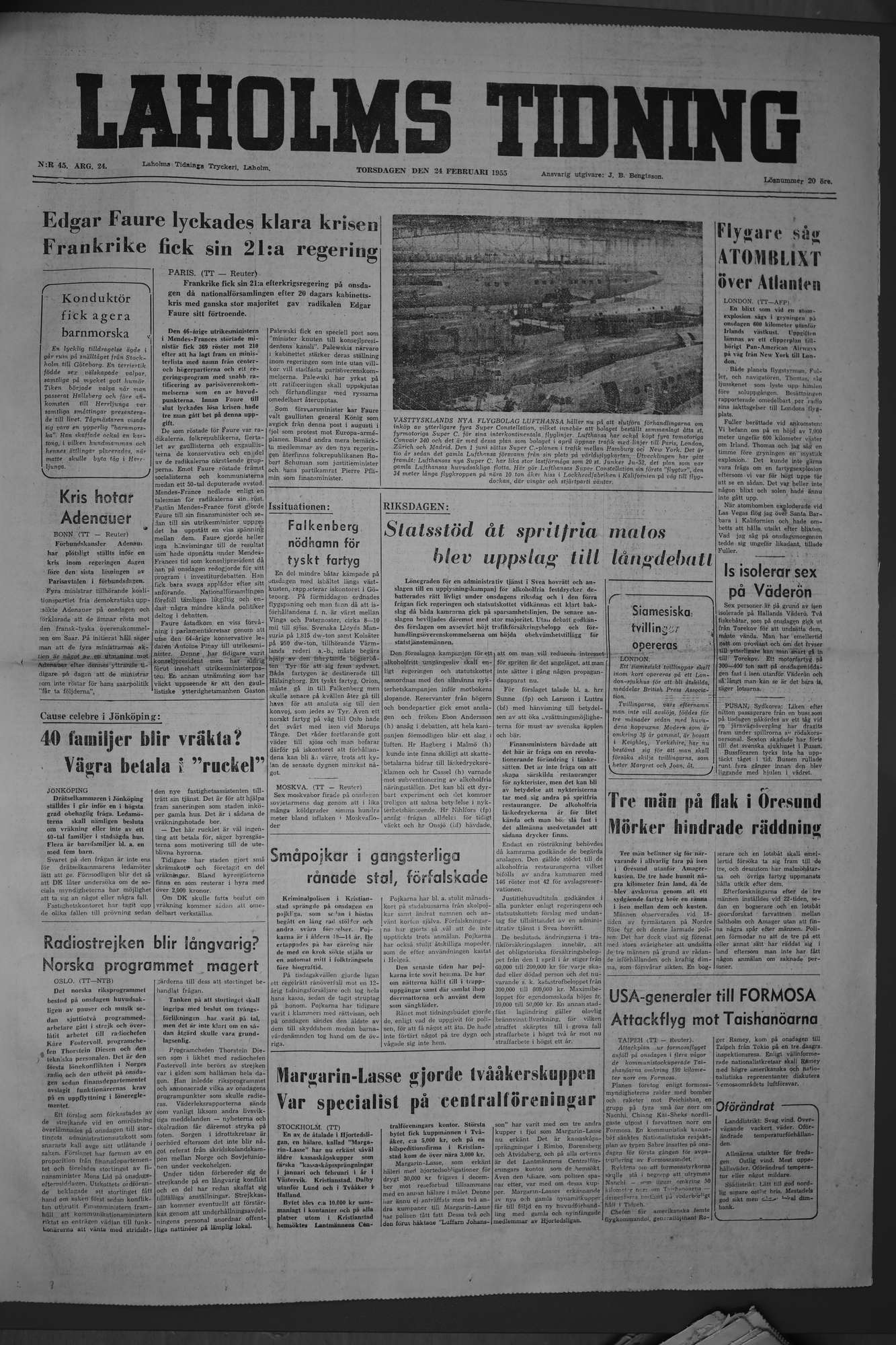 Laholms Tidning Torsdag 24 februari 1955, sida 1