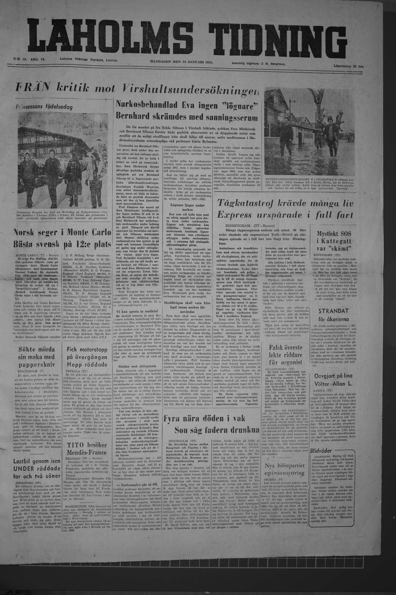 Laholms Tidning Måndag 24 januari 1955, sida 1
