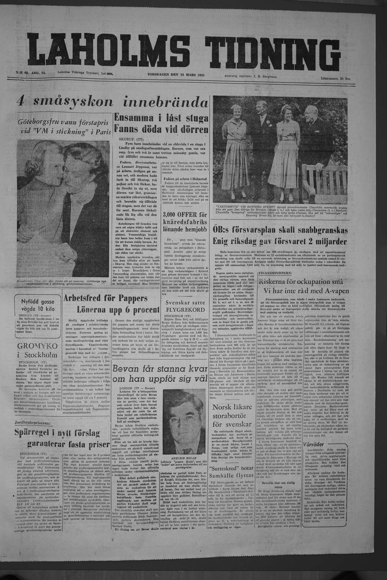 Laholms Tidning Torsdag 24 mars 1955, sida 1