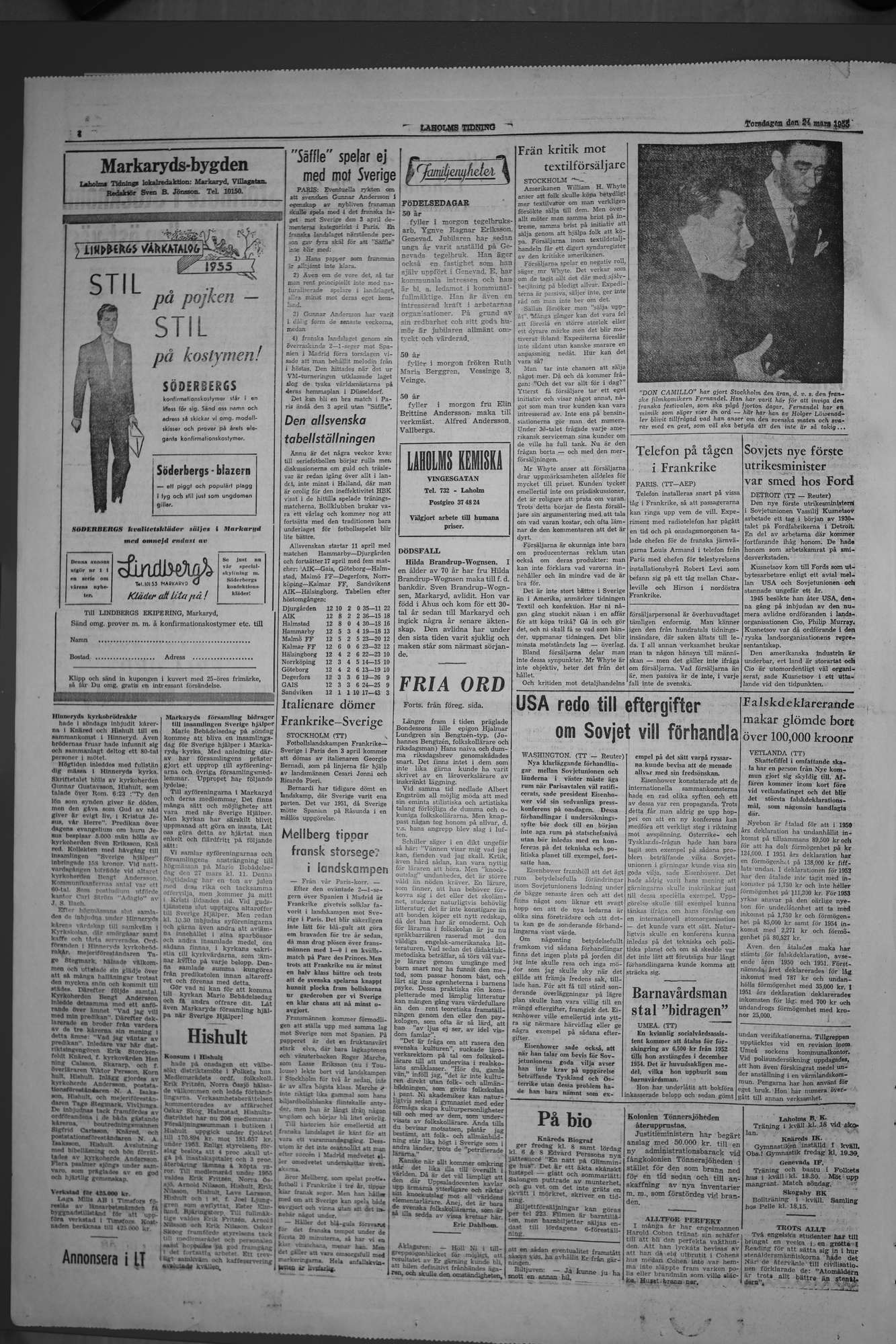 Laholms Tidning Torsdag 24 mars 1955, sida 4