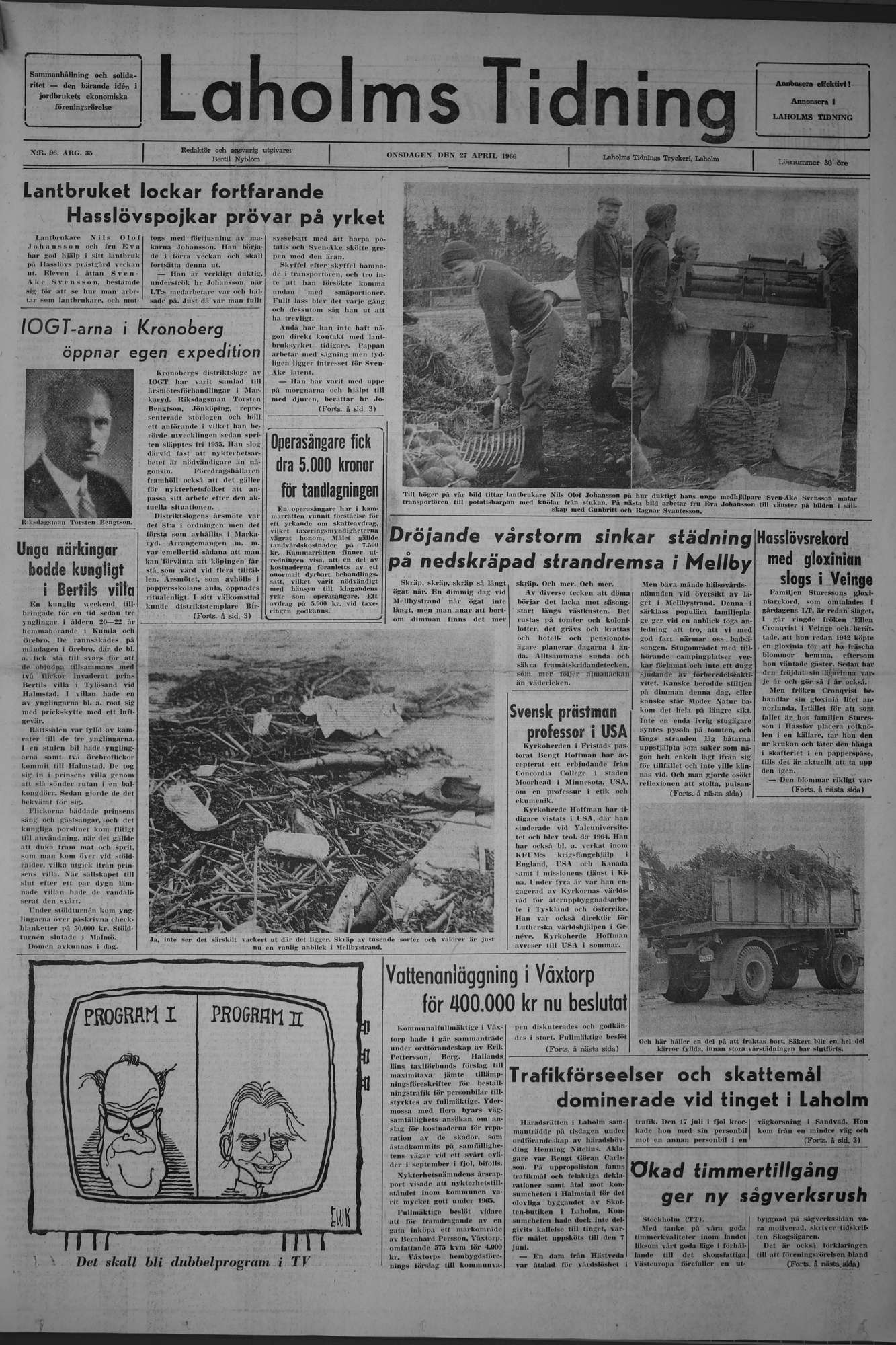 Laholms Tidning Onsdag 27 april 1966, sida 1