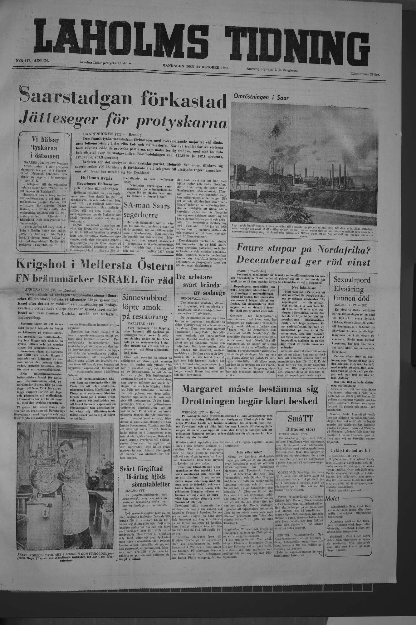 Laholms Tidning Måndag 24 oktober 1955, sida 1