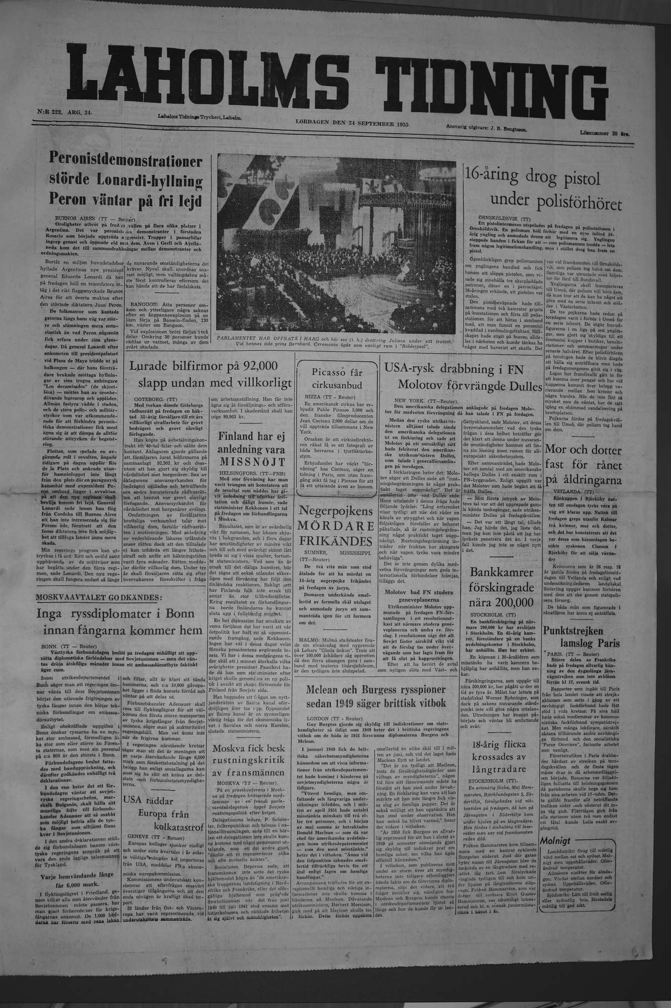 Laholms Tidning Lördag 24 september 1955, sida 1