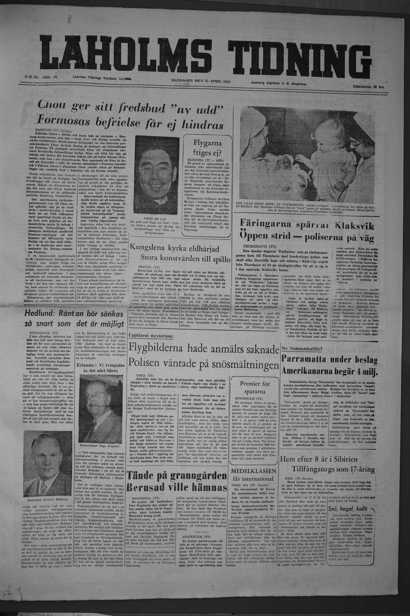 Laholms Tidning Måndag 25 april 1955, sida 1