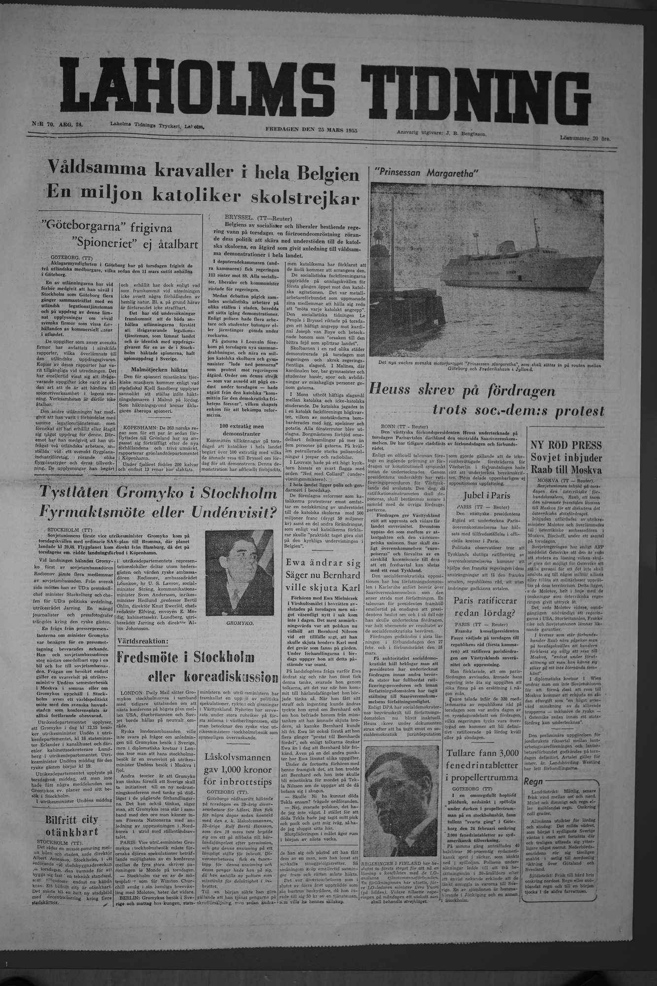 Laholms Tidning Fredag 25 mars 1955, sida 1