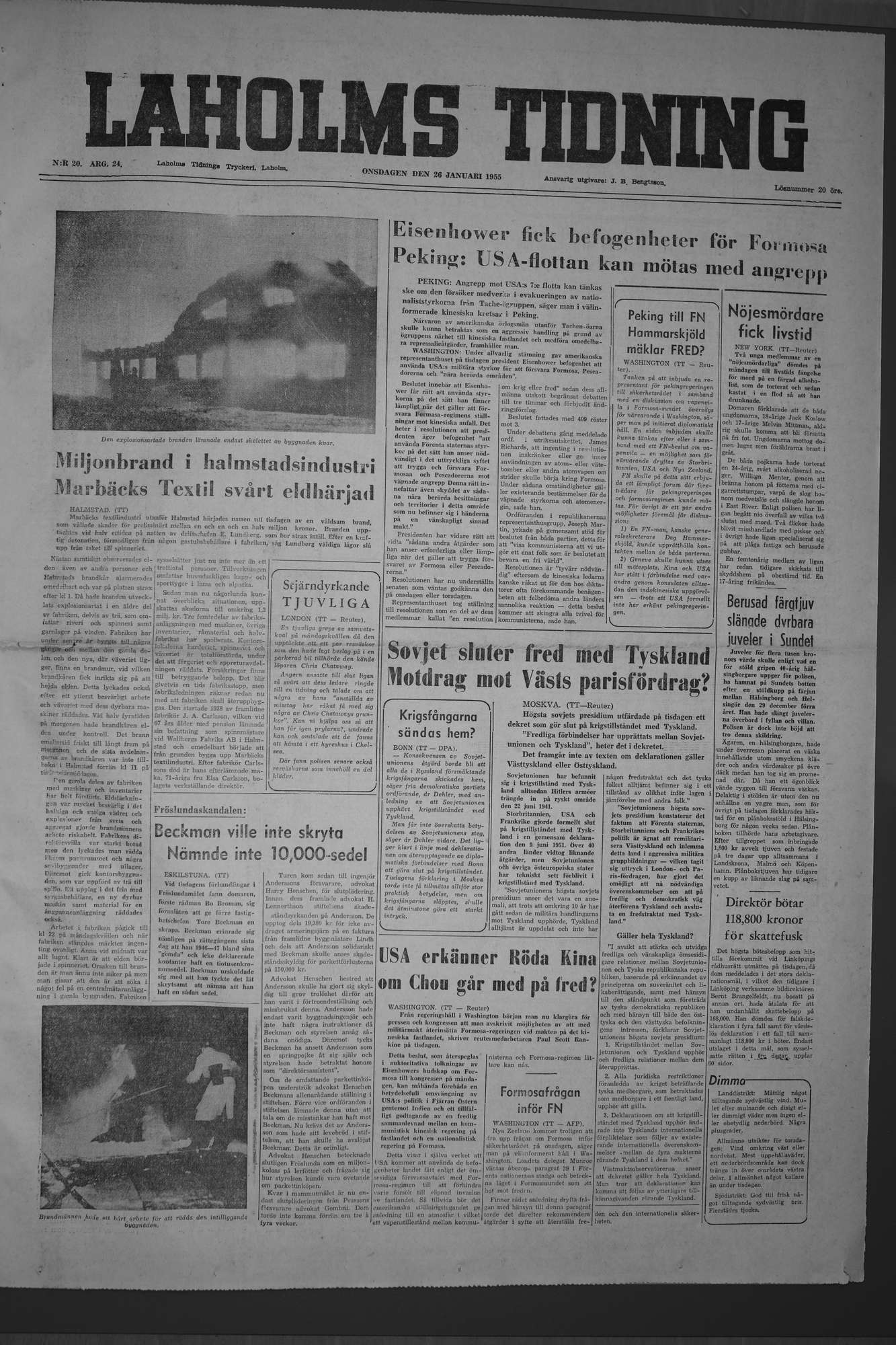 Laholms Tidning Onsdag 26 januari 1955, sida 1