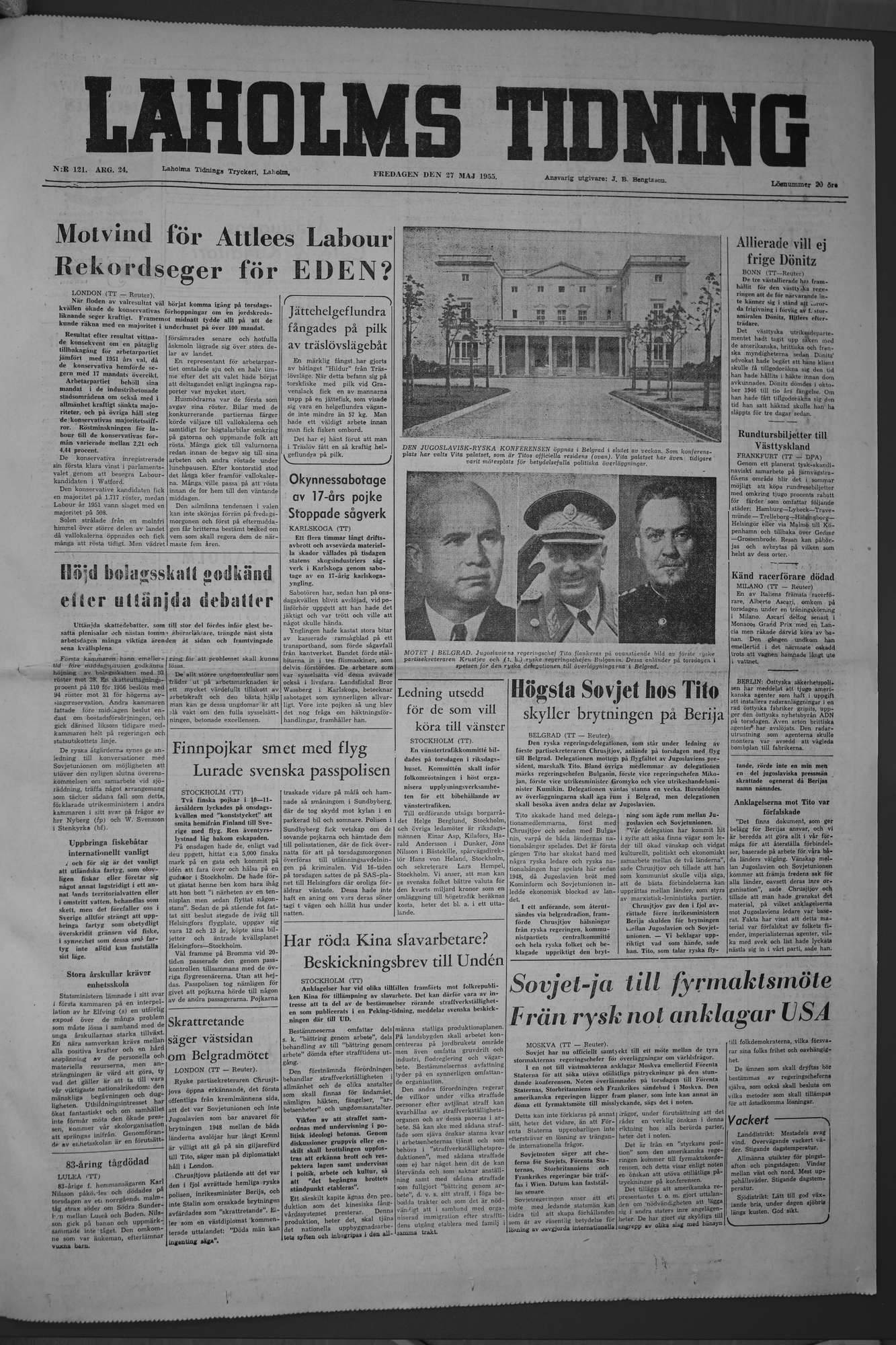 Laholms Tidning Fredag 27 maj 1955, sida 1