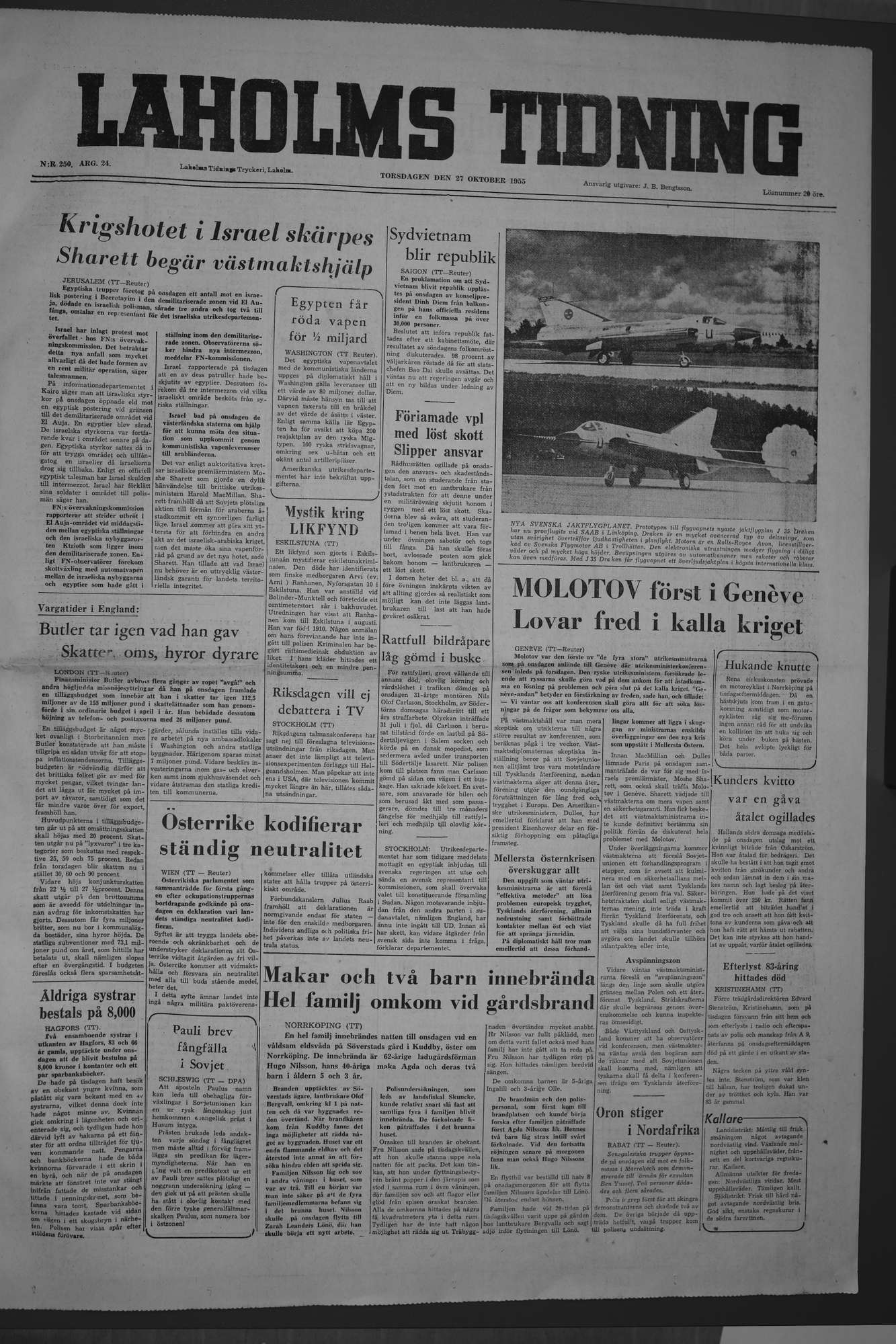 Laholms Tidning Torsdag 27 oktober 1955, sida 1