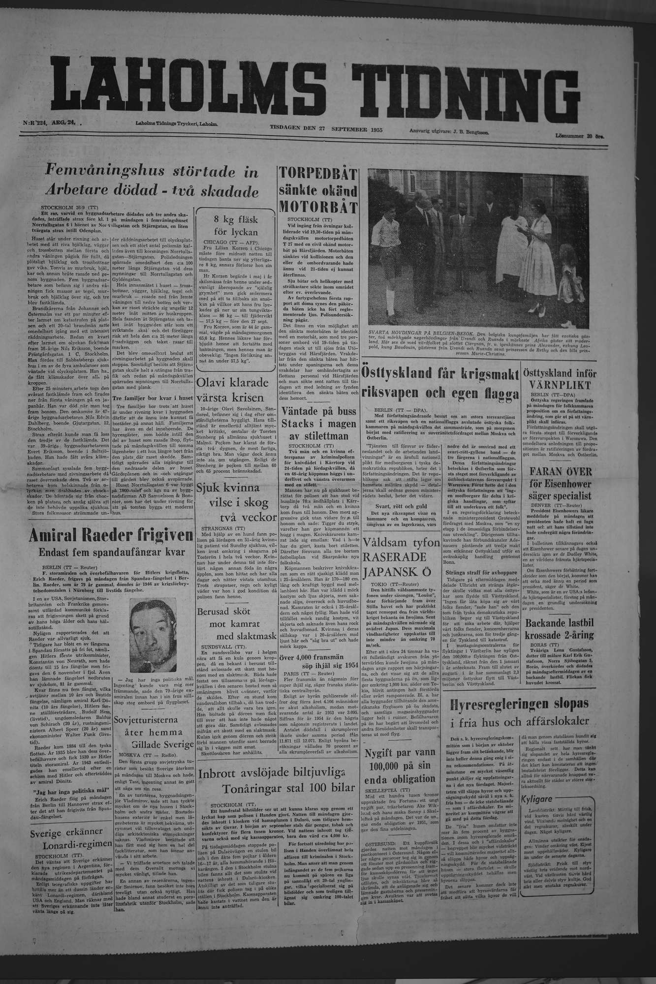 Laholms Tidning Tisdag 27 september 1955, sida 1