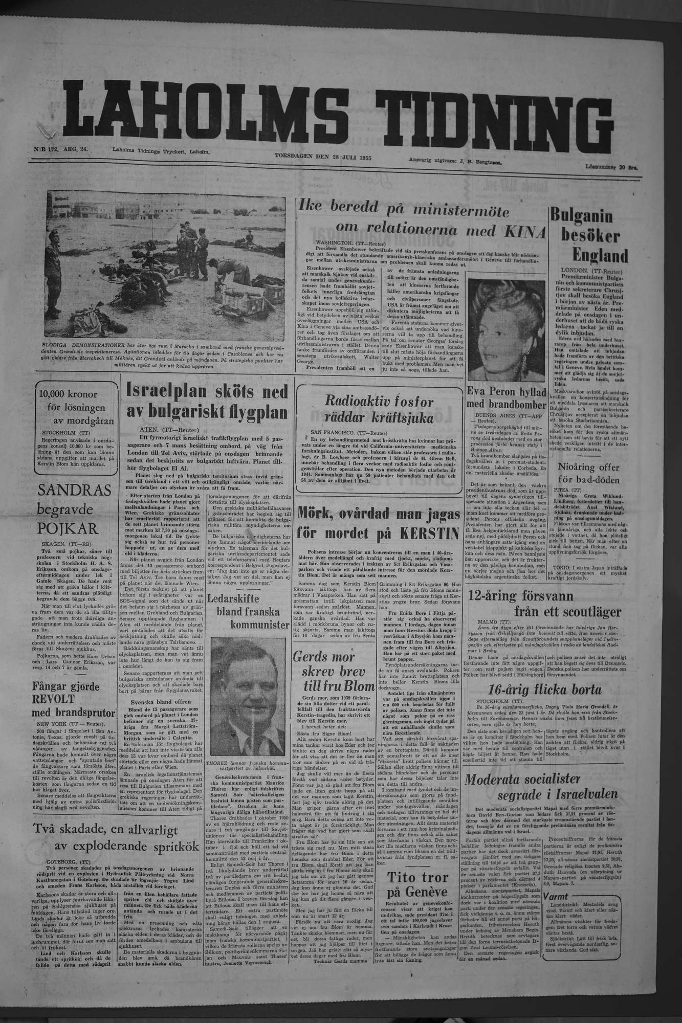 Laholms Tidning Torsdag 28 juli 1955, sida 1