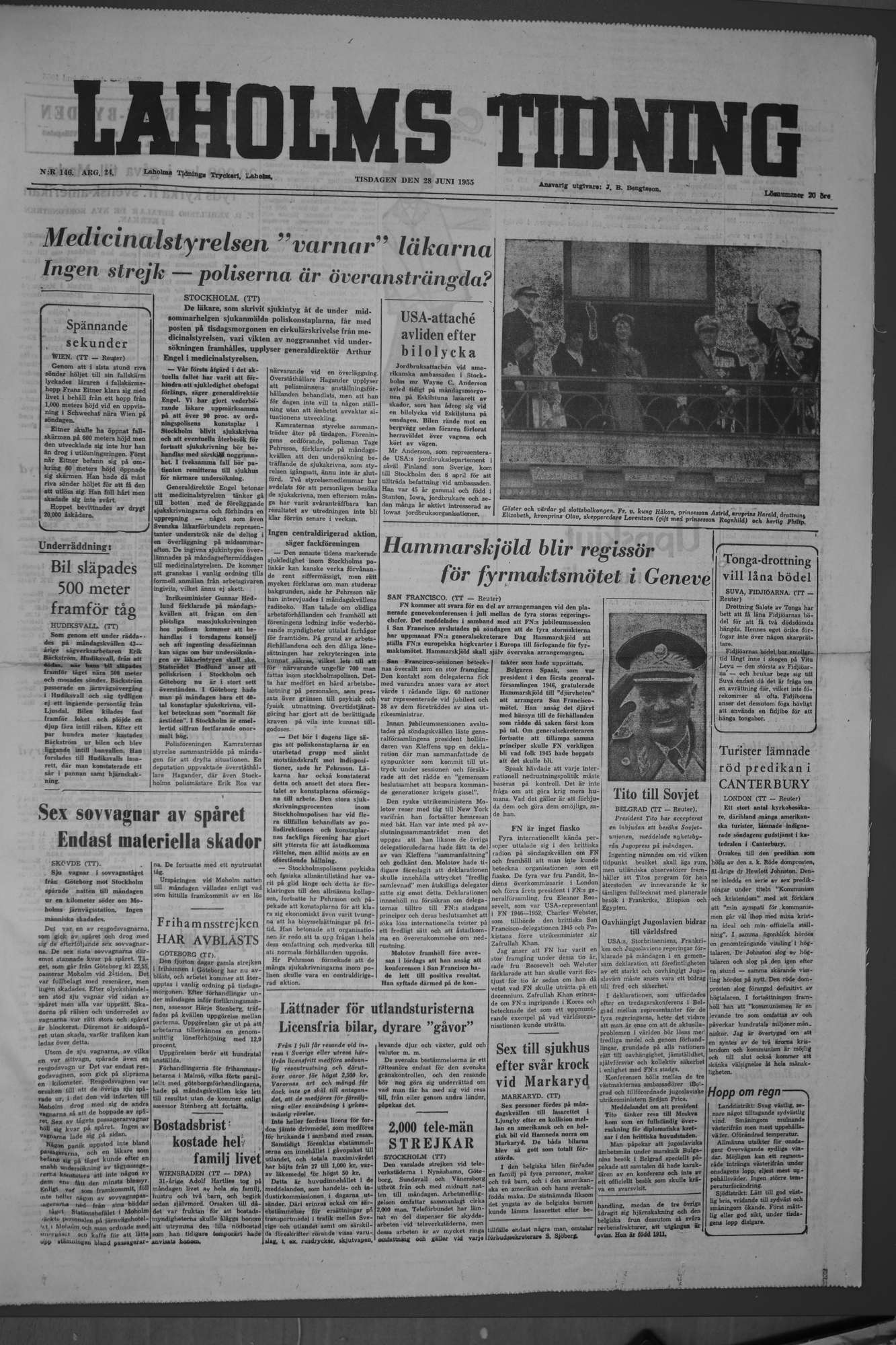 Laholms Tidning Tisdag 28 juni 1955, sida 1