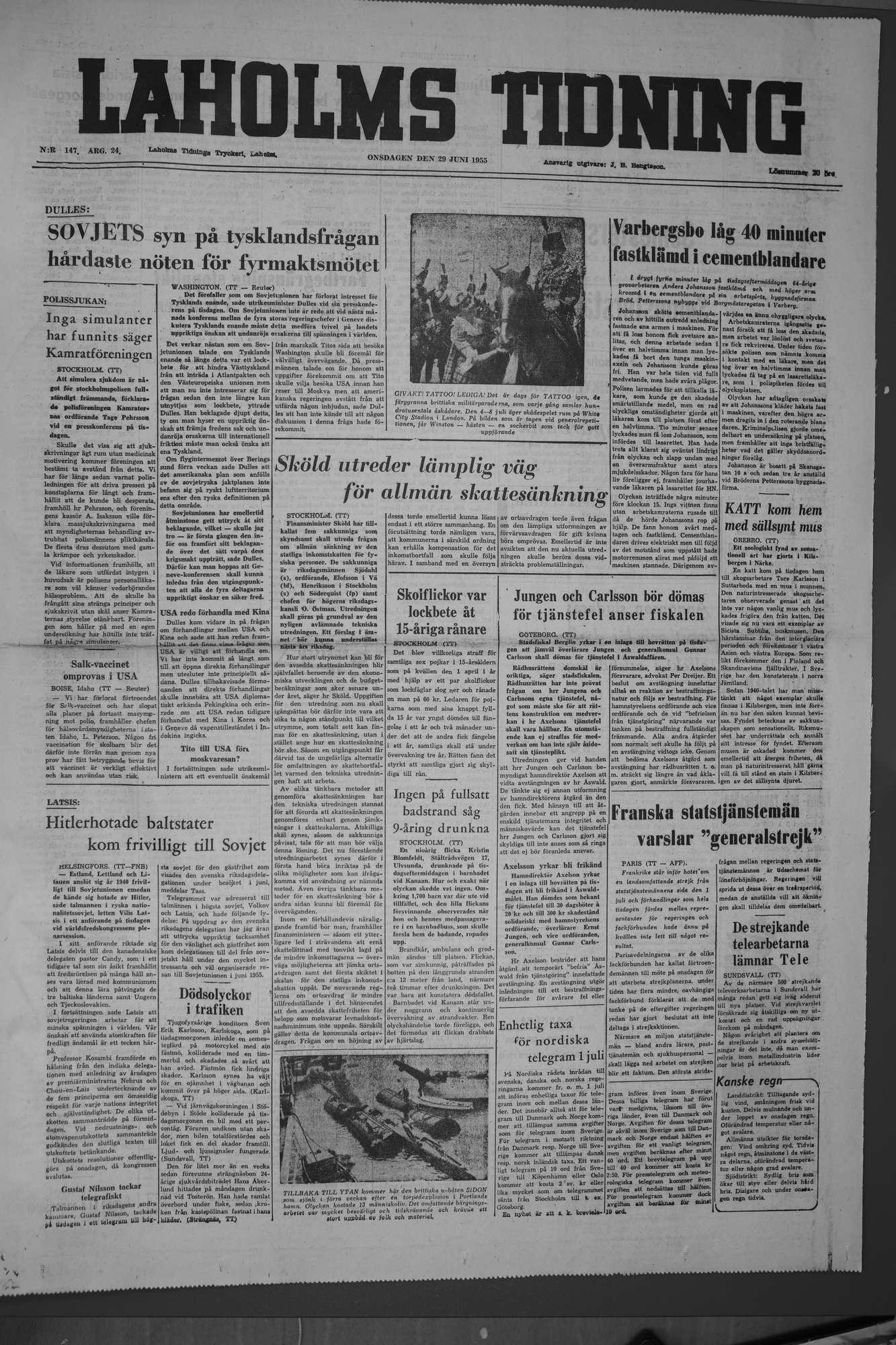 Laholms Tidning Onsdag 29 juni 1955, sida 1