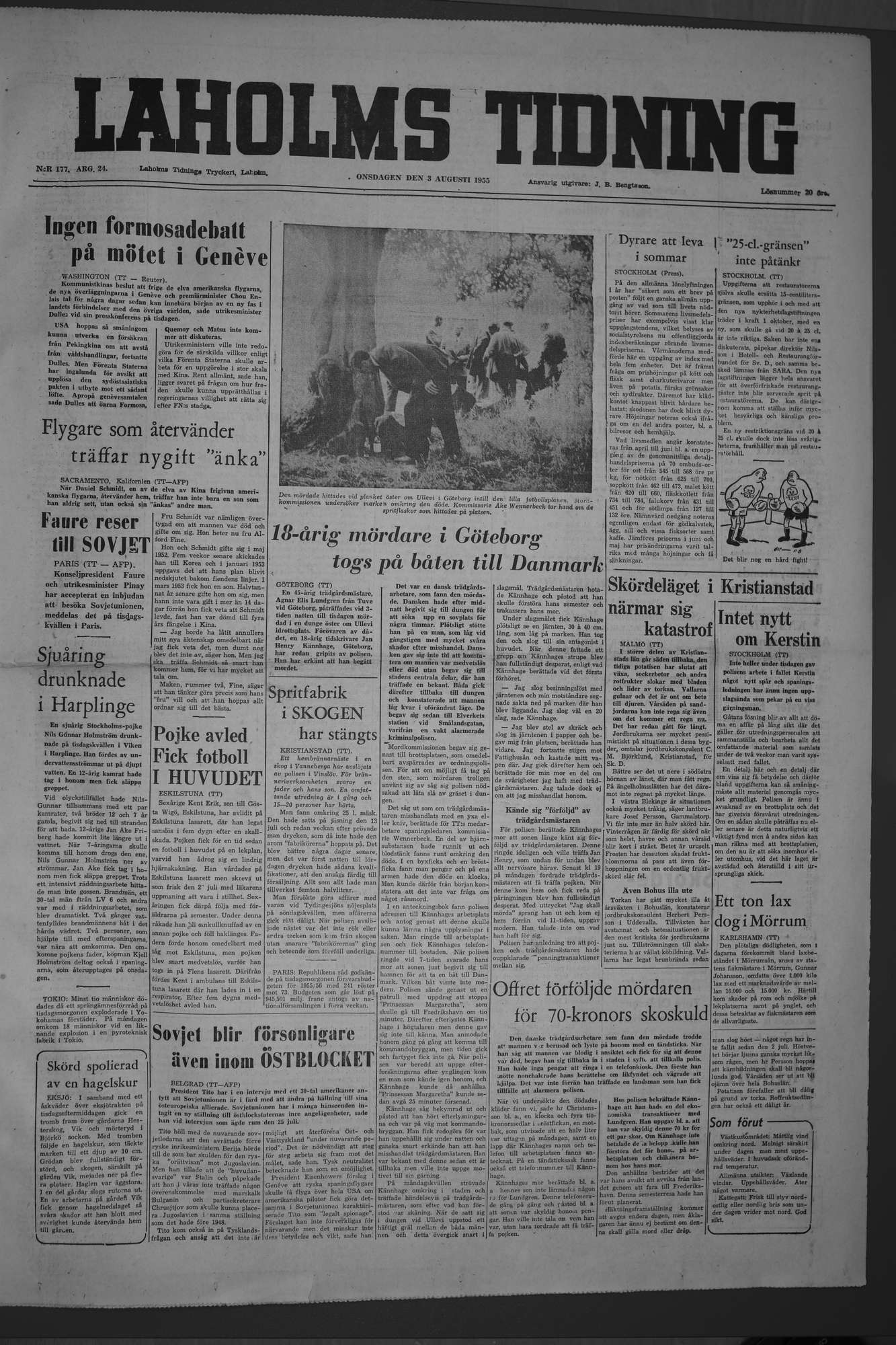 Laholms Tidning Onsdag 3 augusti 1955, sida 1