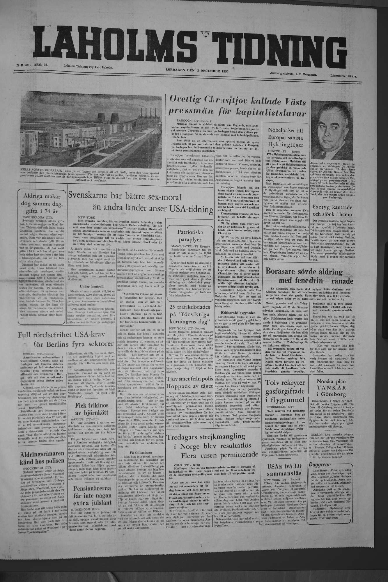 Laholms Tidning Lördag 3 december 1955, sida 1