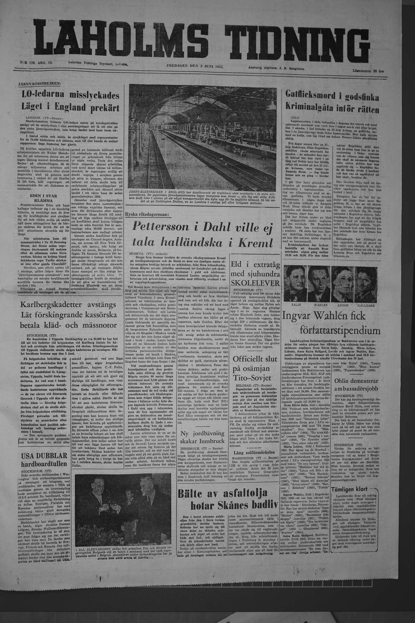 Laholms Tidning Fredag 3 juni 1955, sida 1