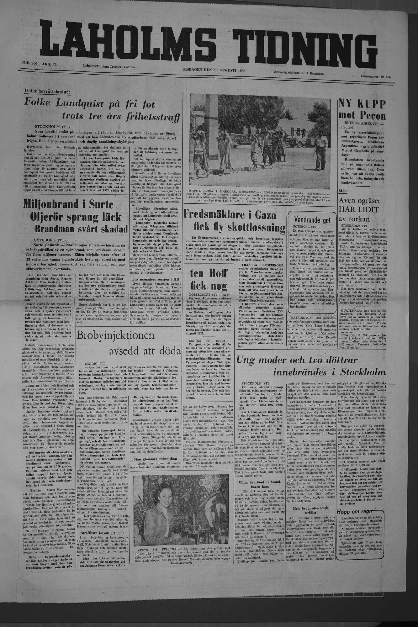Laholms Tidning Tisdag 30 augusti 1955, sida 1