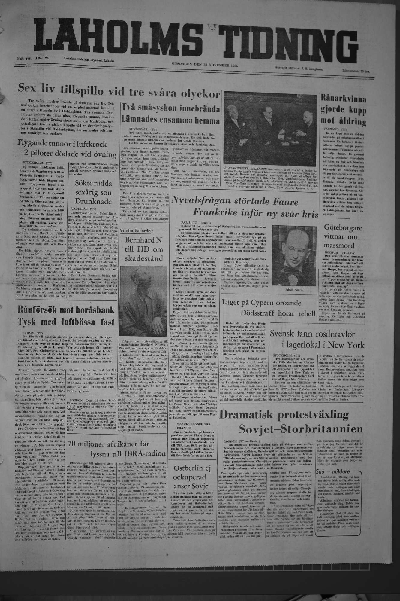 Laholms Tidning Onsdag 30 november 1955, sida 1