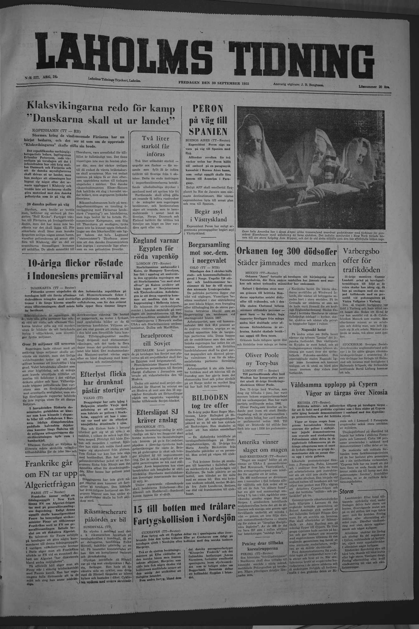 Laholms Tidning Fredag 30 september 1955, sida 1