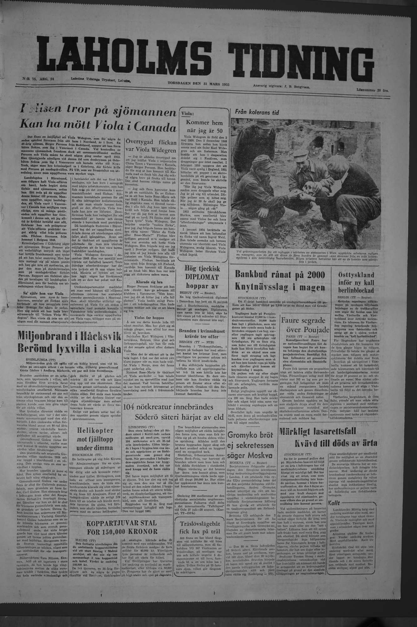 Laholms Tidning Torsdag 31 mars 1955, sida 1