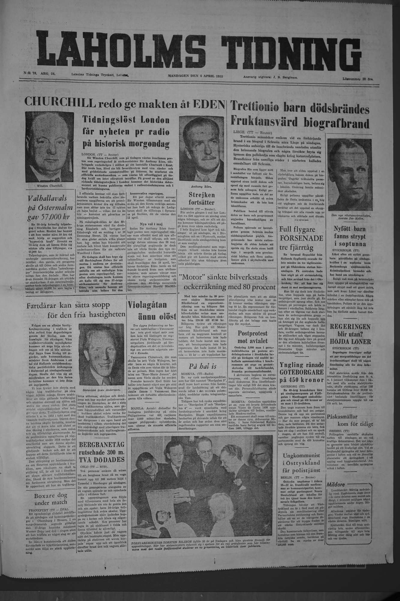 Laholms Tidning Måndag 4 april 1955, sida 1