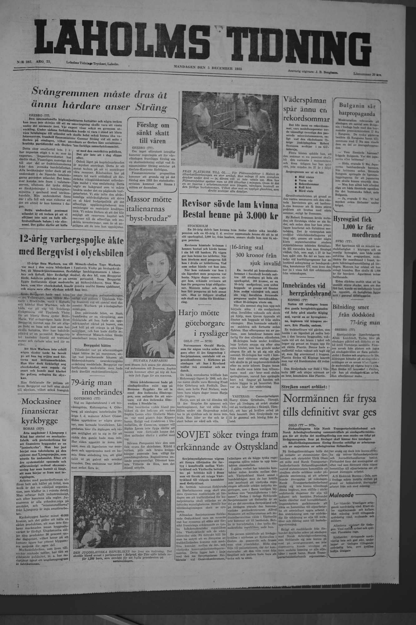 Laholms Tidning Måndag 5 december 1955, sida 1