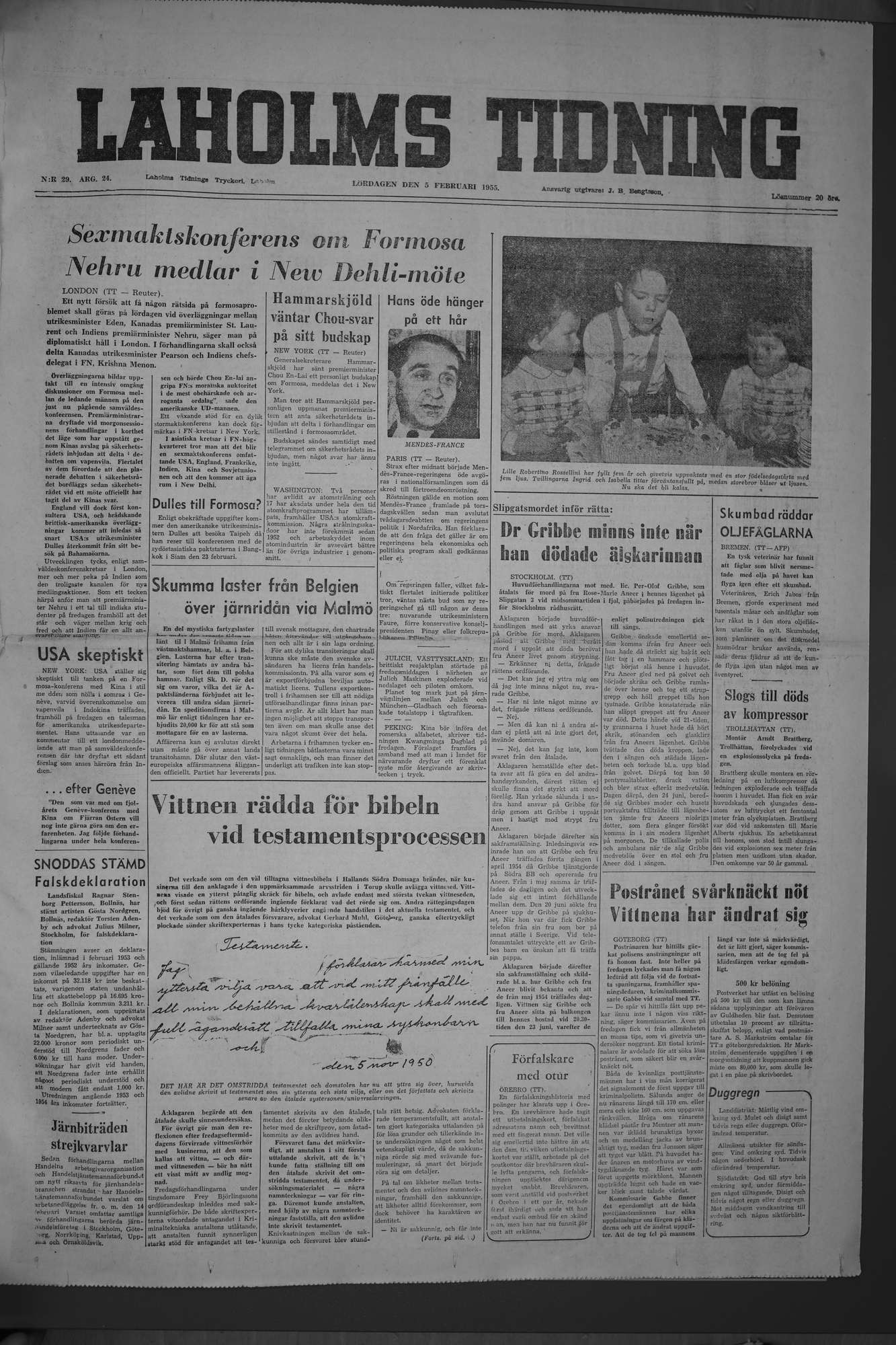 Laholms Tidning Lördag 5 februari 1955, sida 1