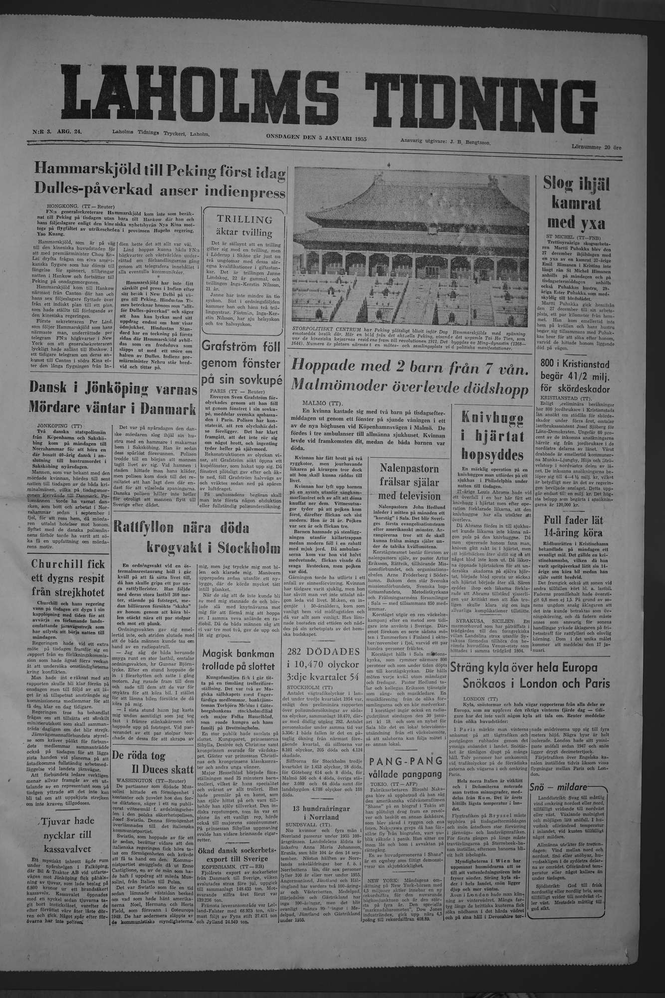 Laholms Tidning Onsdag 5 januari 1955, sida 1