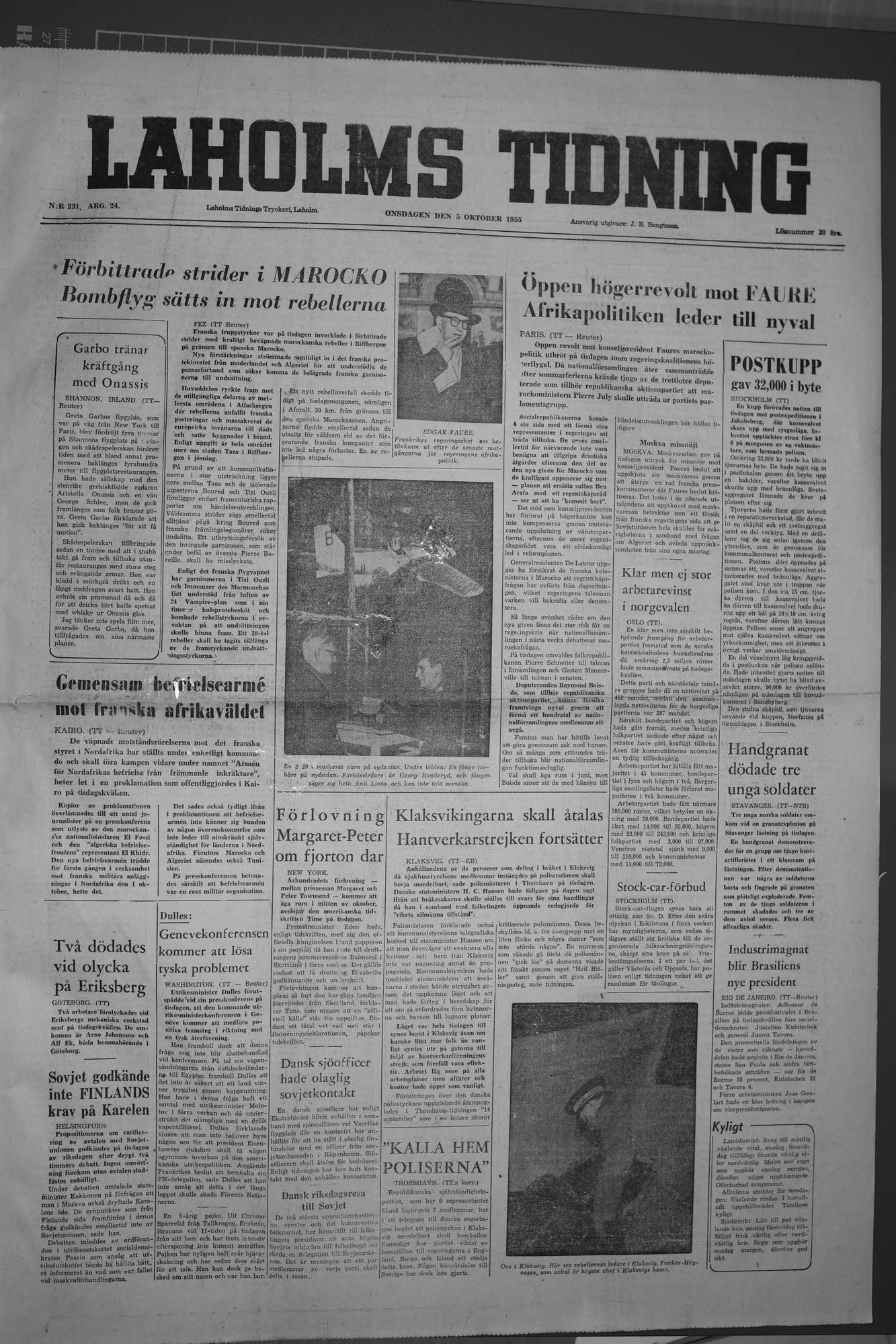 Laholms Tidning Onsdag 5 oktober 1955, sida 1