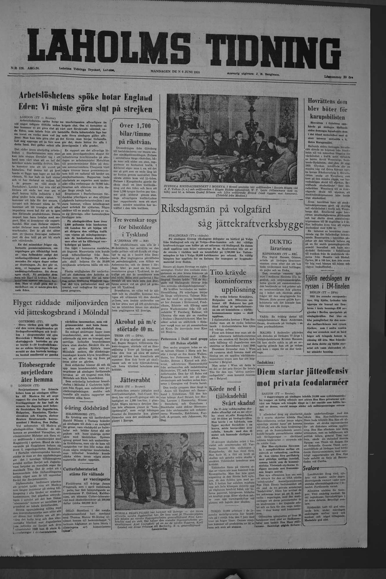 Laholms Tidning Måndag 6 juni 1955, sida 1