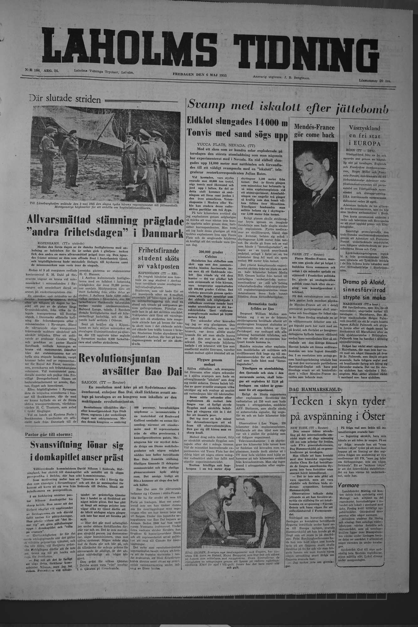 Laholms Tidning Fredag 6 maj 1955, sida 1