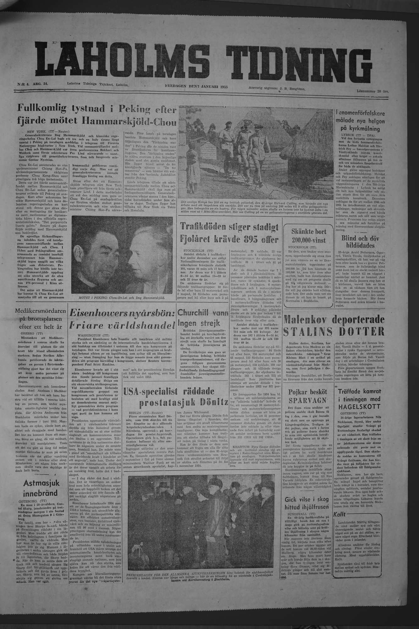 Laholms Tidning Fredag 7 januari 1955, sida 1
