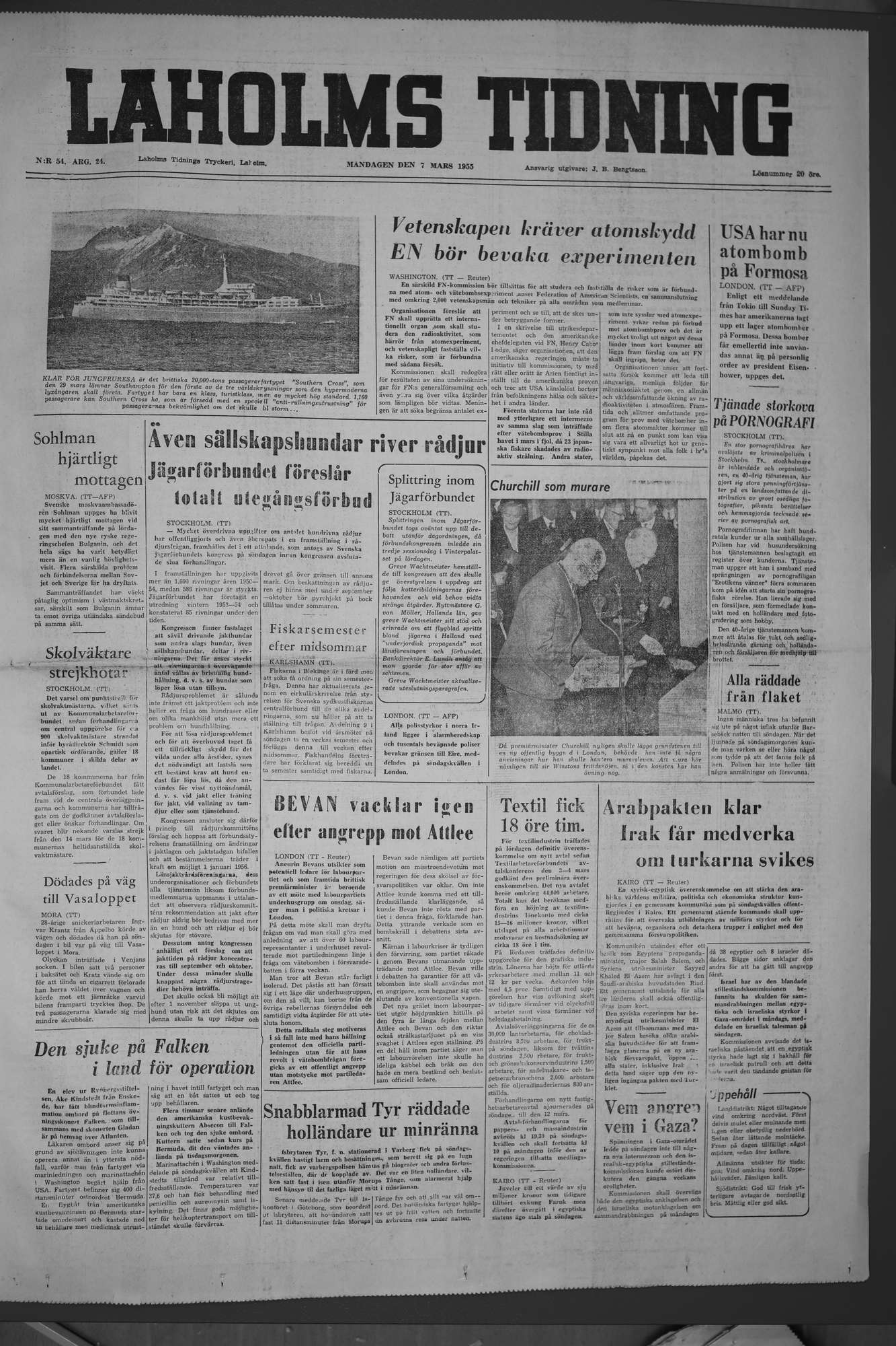 Laholms Tidning Måndag 7 mars 1955, sida 1