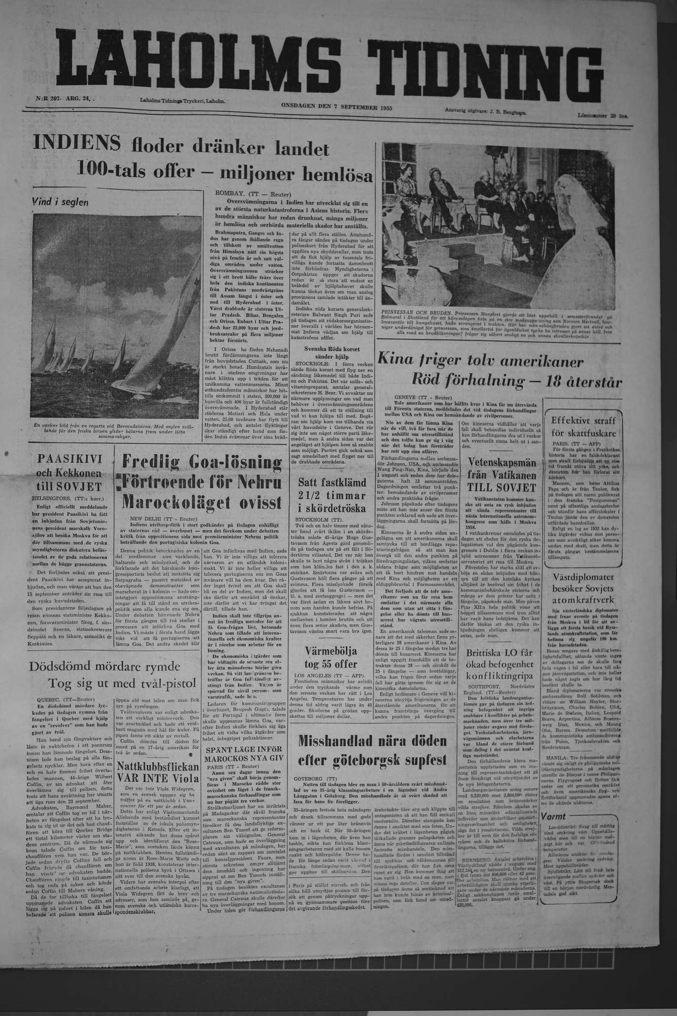 Laholms Tidning Onsdag 7 september 1955, sida 1