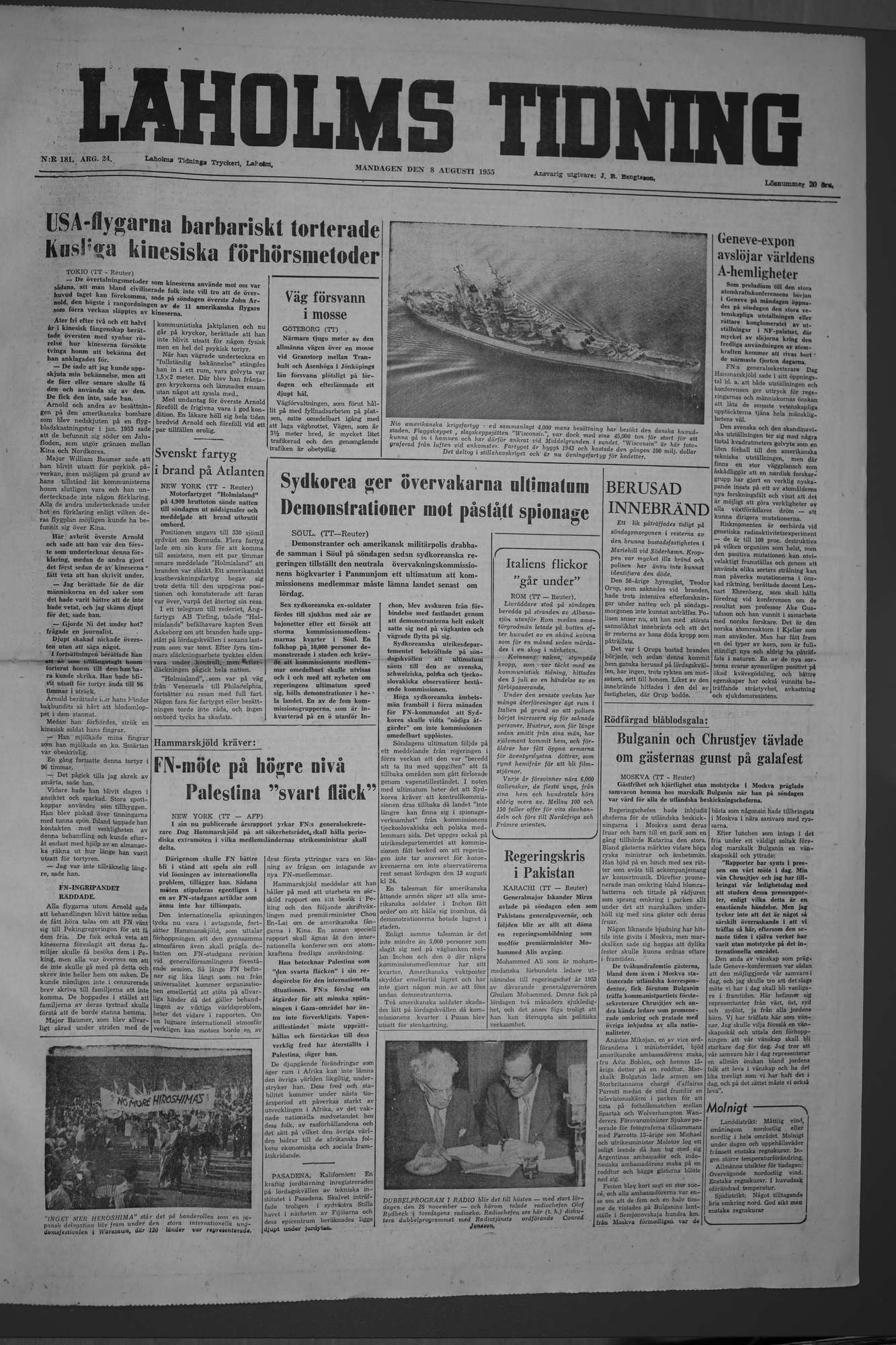 Laholms Tidning Måndag 8 augusti 1955, sida 1