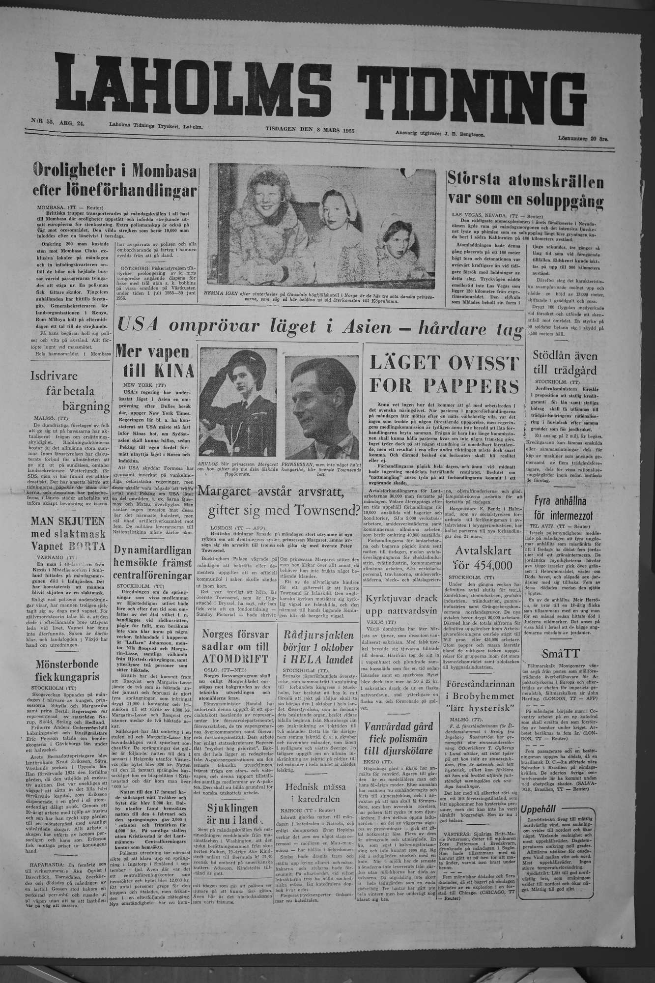 Laholms Tidning Tisdag 8 mars 1955, sida 1