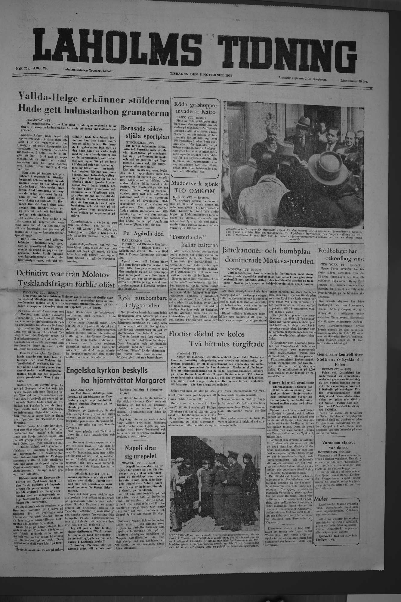 Laholms Tidning Tisdag 8 november 1955, sida 1