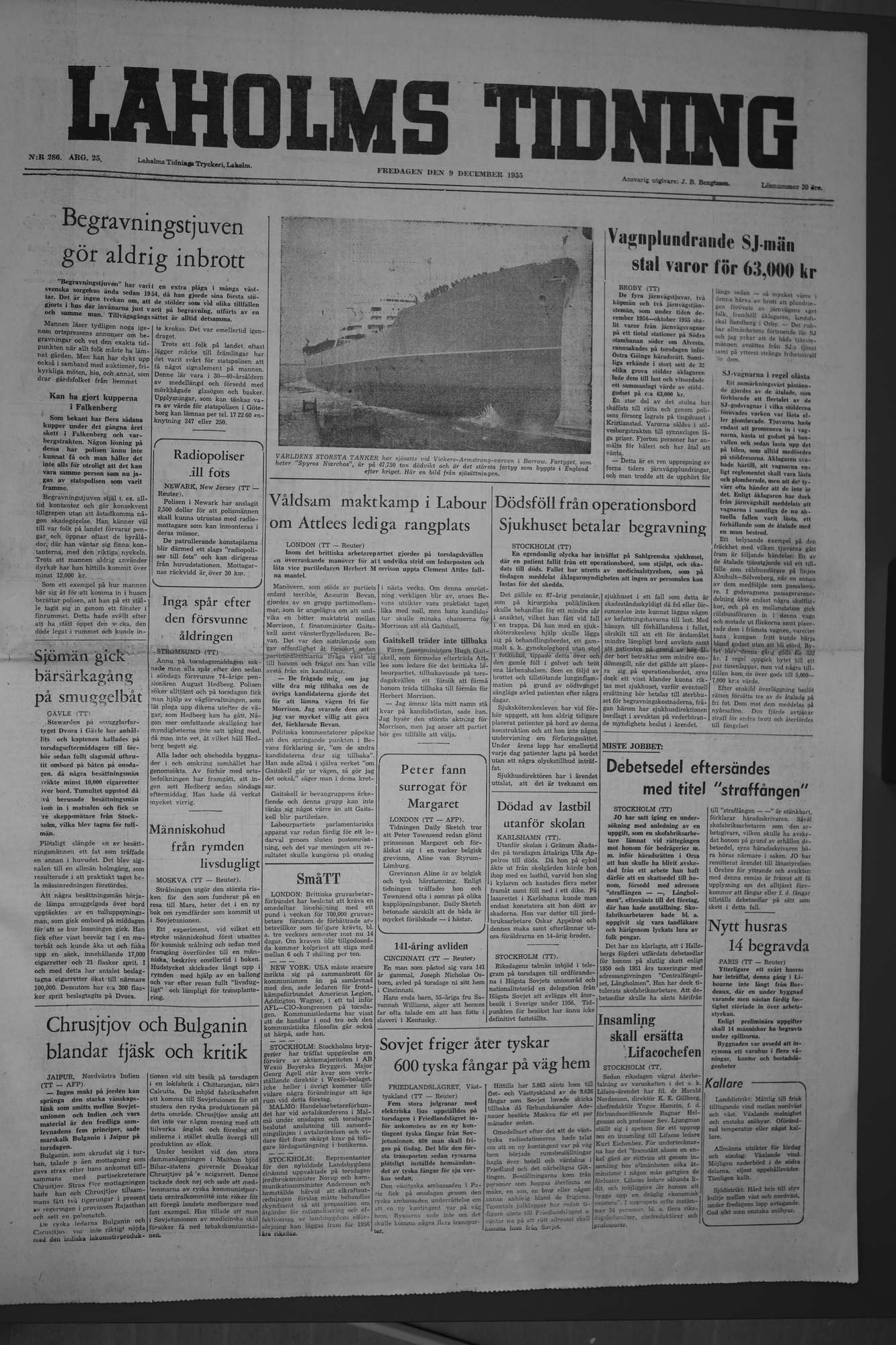 Laholms Tidning Fredag 9 december 1955, sida 1