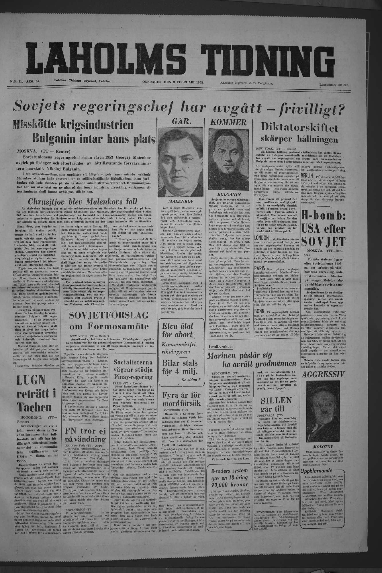 Laholms Tidning Onsdag 9 februari 1955, sida 1