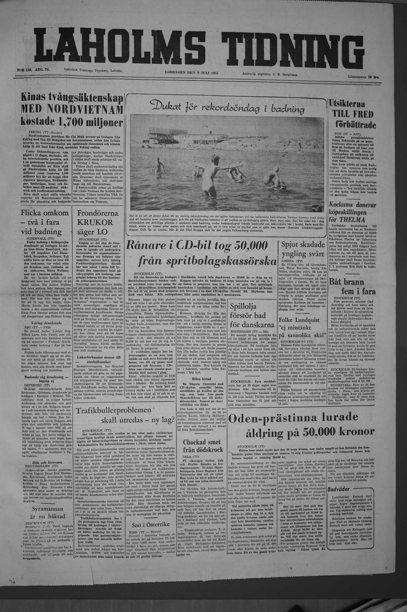 Laholms Tidning Lördag 9 juli 1955, sida 1