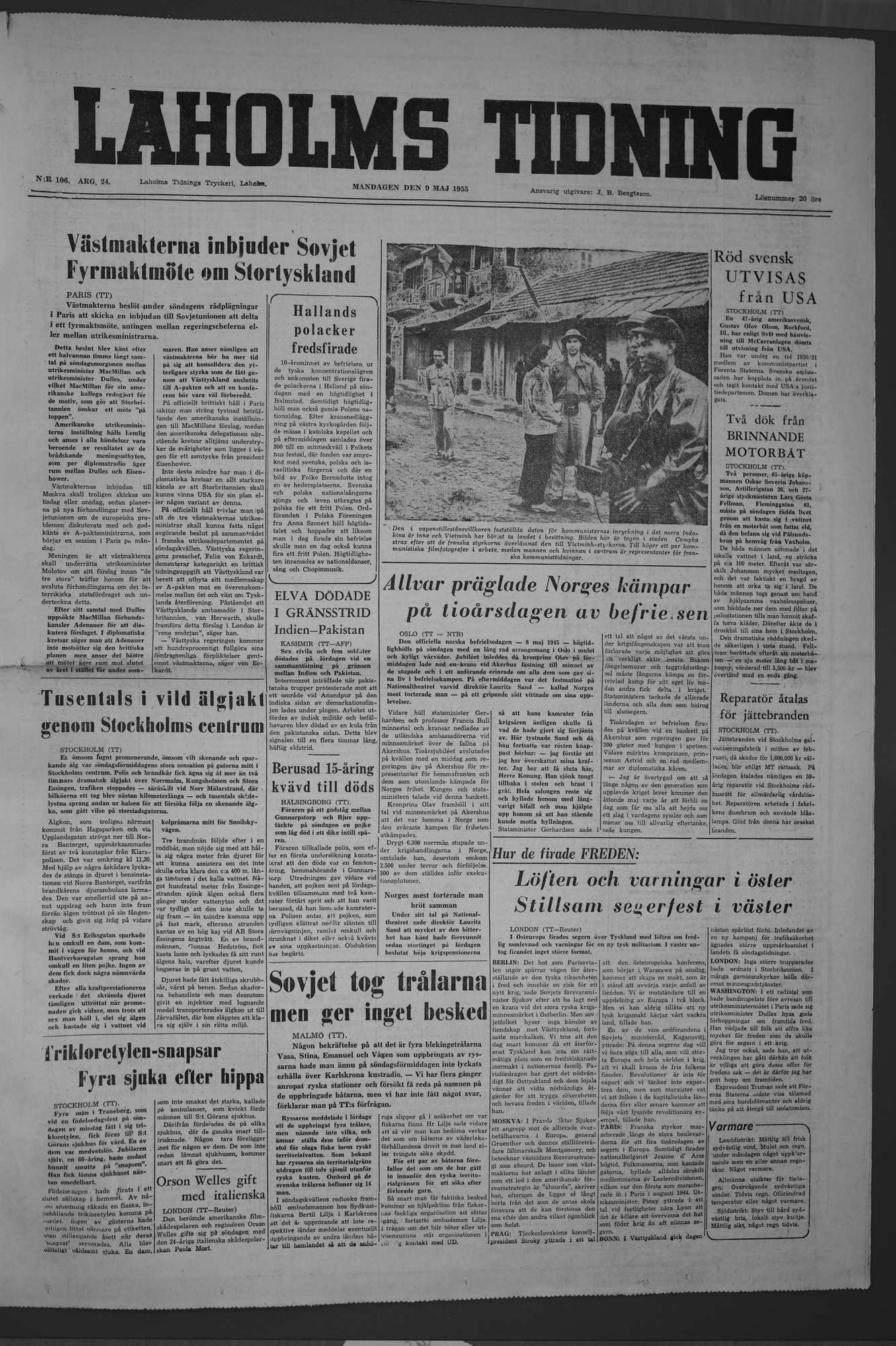 Laholms Tidning Måndag 9 maj 1955, sida 1
