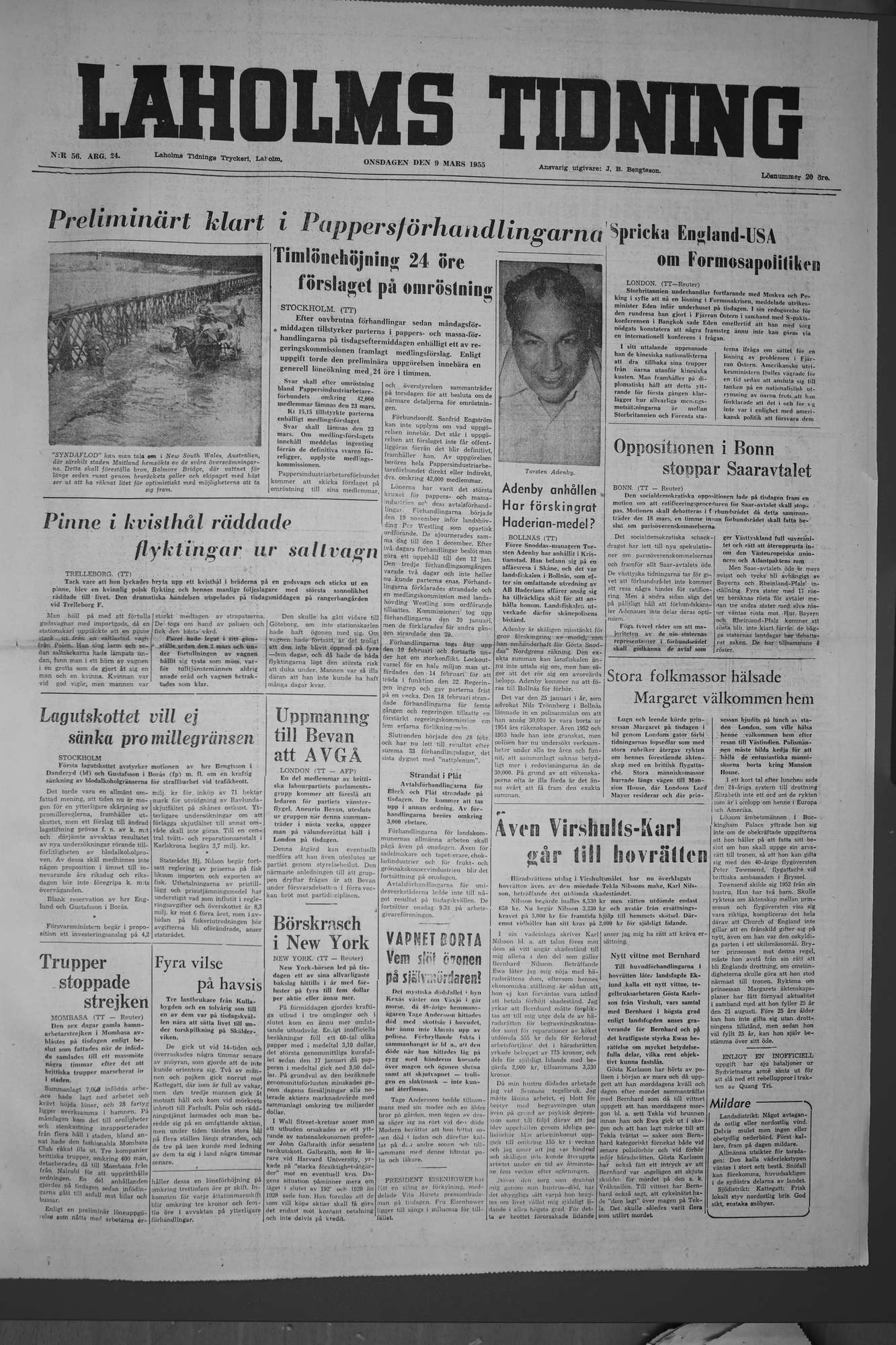 Laholms Tidning Onsdag 9 mars 1955, sida 1